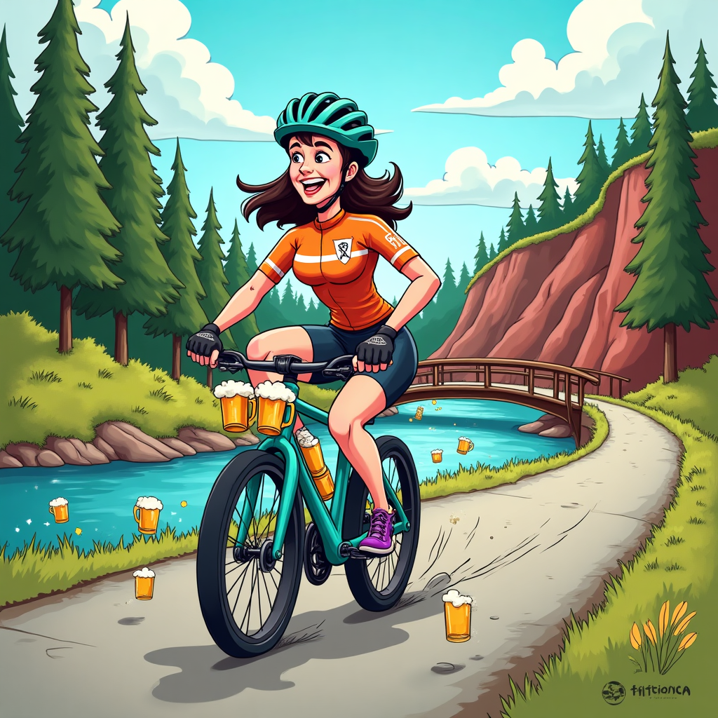 At the top of the Cartoon Style image, Have a nice ride!

Funny, celebratory Cartoon Style scene of an adult woman with playful, exaggerated proportions zooming down Minnesota’s Mesabi Trail: a smooth paved path curving through tall pines and birch, sparkly blue lakes, and rusty red iron-range bluffs, with a small wooden bridge in the midground. She’s in a vibrant cycling jersey with an ALS awareness ribbon pin, big glossy helmet, fingerless gloves, and cycling shorts; huge grin, hair streaming, and a dynamic, energetic pose. Her teal bike has oversized wobbly wheels, bold speed lines, and confetti-like motion dots.

Beer visuals (not in her hands): a bunch of beer-mug balloons bobbing from the bike’s rear rack, cute anthropomorphic frothy pints on the trail sidelines cheering with tiny arms and foam high-fives, golden beer sparkle confetti, and hops-and-barley garlands draped over a distant finish arch. No brands or logos.

Style: thick black outlines, bright saturated colors, chunky shapes, whimsical expressions, and a lively, slightly tilted perspective; crisp daytime light and puffy cartoon clouds.

At the bottom of the image on a small ribbon banner, Pedal hard, pints after!
Generated with these themes: .
Made with ❤️ by AI.