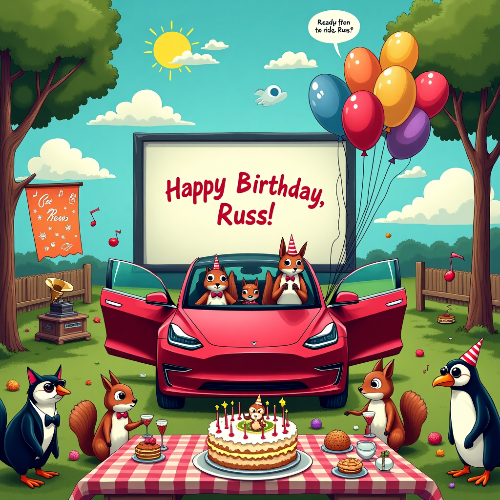 The scene unfolds in a whimsical outdoor setting reminiscent of a drive-in movie theater, but instead of cars parked to watch a film, a gleaming, cherry-red Tesla Model S sits center stage. The car's doors are wide open like wings, and from inside, colorful balloons cascade out, floating up into the azure sky where fluffy clouds spell out "Happy Birthday, Russ!" In front of the Tesla, a long picnic table is set with an eccentric birthday feast. The tablecloth is a patchwork of comic strip panels featuring the comedic antics of a group of mischievous squirrels wearing party hats and bow ties. These squirrels are enthusiastically helping themselves to a giant, tiered cake shaped like a Tesla, complete with a little fondant Russ driving it, arms raised in excitement.

To the left, a cartoonish giant birthday banner is suspended between two trees, decorated with doodles of rockets and stars, echoing the playful spirit of Russ's adventures. The party guests are an eclectic mix of animated animals—there's a dapper fox in a tuxedo toasting with a champagne flute, a wise old owl perched on a branch above, watching with amused eyes, and a penguin juggling party favors with surprising dexterity.

The background is a blend of vibrant greens and blues, with a whimsical sun wearing oversized sunglasses peeking from behind the clouds. In the foreground, a vintage gramophone plays music, with musical notes drawn whimsically dancing around, adding to the festive atmosphere. A few comic strip speech bubbles hang in the air, one above the red Tesla saying, "Ready for a ride, Russ?" capturing the spirit of joy and adventure on this special day.
Generated with these themes: Red Tesla birthday party.
Made with ❤️ by AI.