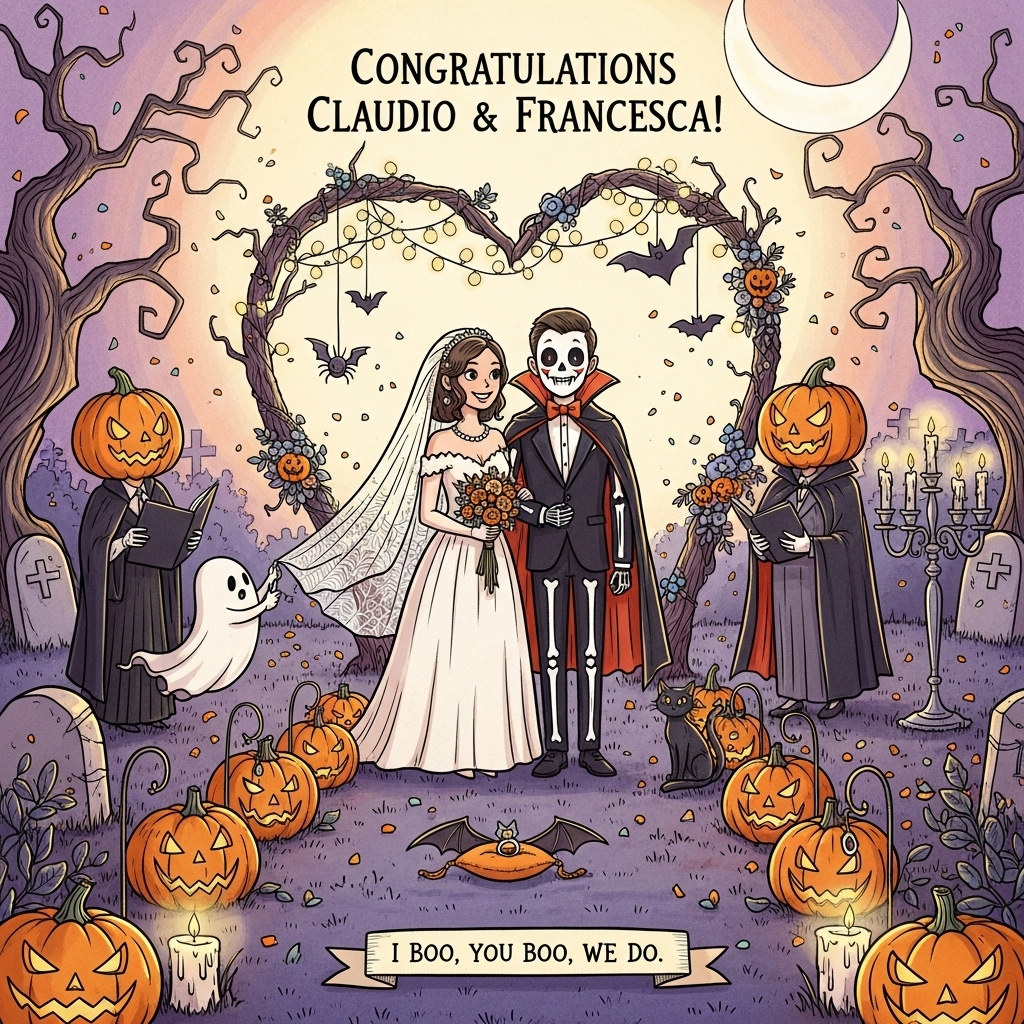 At the top of the Illustration Style image, “Congratulations Claudio & Francesca!”

Hand-drawn illustration with fine linework, textured brush strokes, balanced composition, and a warm, expressive Halloween palette. A whimsical moonlit wedding scene set in a glowing pumpkin patch: in the center, a smiling bride in an ivory gown with spiderweb-lace veil and a groom in a tux with a bat-shaped bow tie and a playful vampire cape; both wear light, festive skeleton face paint. They stand beneath a heart-shaped arch of twisted branches, twinkling fairy lights, and hanging paper bats. Carved jack-o’-lanterns act as lanterns lining a leafy aisle, casting cozy candlelit gold across deep plum purples and midnight blues. A tiny ghost ring-bearer floats by with a bat-shaped ring pillow; a curious black cat gently tugs the veil; confetti flutters as candy-corn sprinkles. Off to the side, a cheerful pumpkin-headed officiant presides while skeletal candelabras drip warm wax. The background features friendly crooked trees and soft, rounded tombstones to keep the vibe charming, not scary. Light is warm and inviting: moon glow rim-light, rich orange highlights, soft lavender shadows. Paper-grain texture, watercolor-like washes, and expressive ink lines keep it lively and humorous.

At the bottom on a small ribbon banner, add a cheeky one-liner: “I boo, you boo, we do.”
Generated with these themes: Halloween, and .
Made with ❤️ by AI.