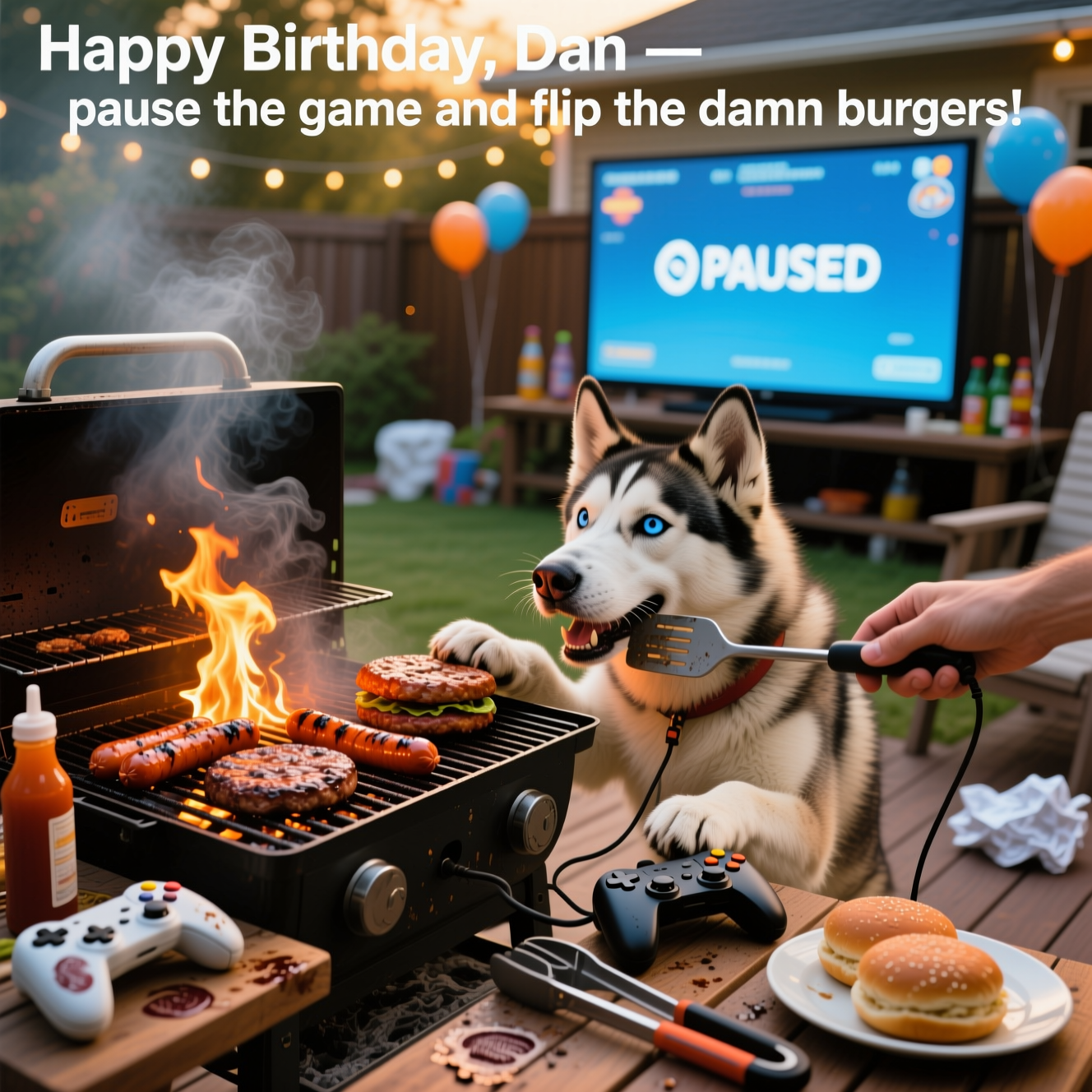 At the top of the Photorealistic picture taken from a camera image, "Happy Birthday, Dan — pause the game and flip the damn burgers!"

Ultra-high-definition 4K UHD photorealistic portrait scene: golden-hour backyard BBQ on a wooden deck, realistic charcoal grill spitting flames and smoke, glistening burgers and scorched sausages on the grate, grease pops captured mid-sizzle. A mischievous Siberian husky with ice-blue eyes in the foreground, one paw up on the grill table, snout inches from a burger, fluffy fur and whiskers sharply detailed; the husky clenches a game controller cord in its teeth like it just yanked it off the table. On the grill side-shelf: a smudged, greasy game controller with thumbprint shine, a half-open sauce bottle, tongs, and a plate of buns. In the mid-ground, a large outdoor TV/projector shows a generic “PAUSED” game screen glow (no logos), casting cool blue light that contrasts with the warm orange grill flames. String lights and faint birthday balloons blur softly in the background bokeh, with a hint of party clutter (unbranded bottles, crumpled napkins) adding cheeky chaos. Natural skin-toned hand just entering frame with a spatula, caught mid-flip.

Shot on a full-frame camera with a 50mm prime lens, f/2.2, shallow depth of field; crisp focus on the husky’s face, grill surface, and controller, with creamy background bokeh. Realistic lighting and textures: singed meat, oily sheen, ash flecks, fur detail, smoke wisps, and wood grain. Rude, cheeky birthday vibe; no extra text except the single line at the top. Text styling: small but punchy, bold white with a subtle charcoal drop shadow for legibility against mixed warm/cool lighting. Portrait orientation, true-to-life color, high dynamic range, zero brand logos.
Generated with these themes: Bbq, video games, husky dog, and .
Made with ❤️ by AI.
