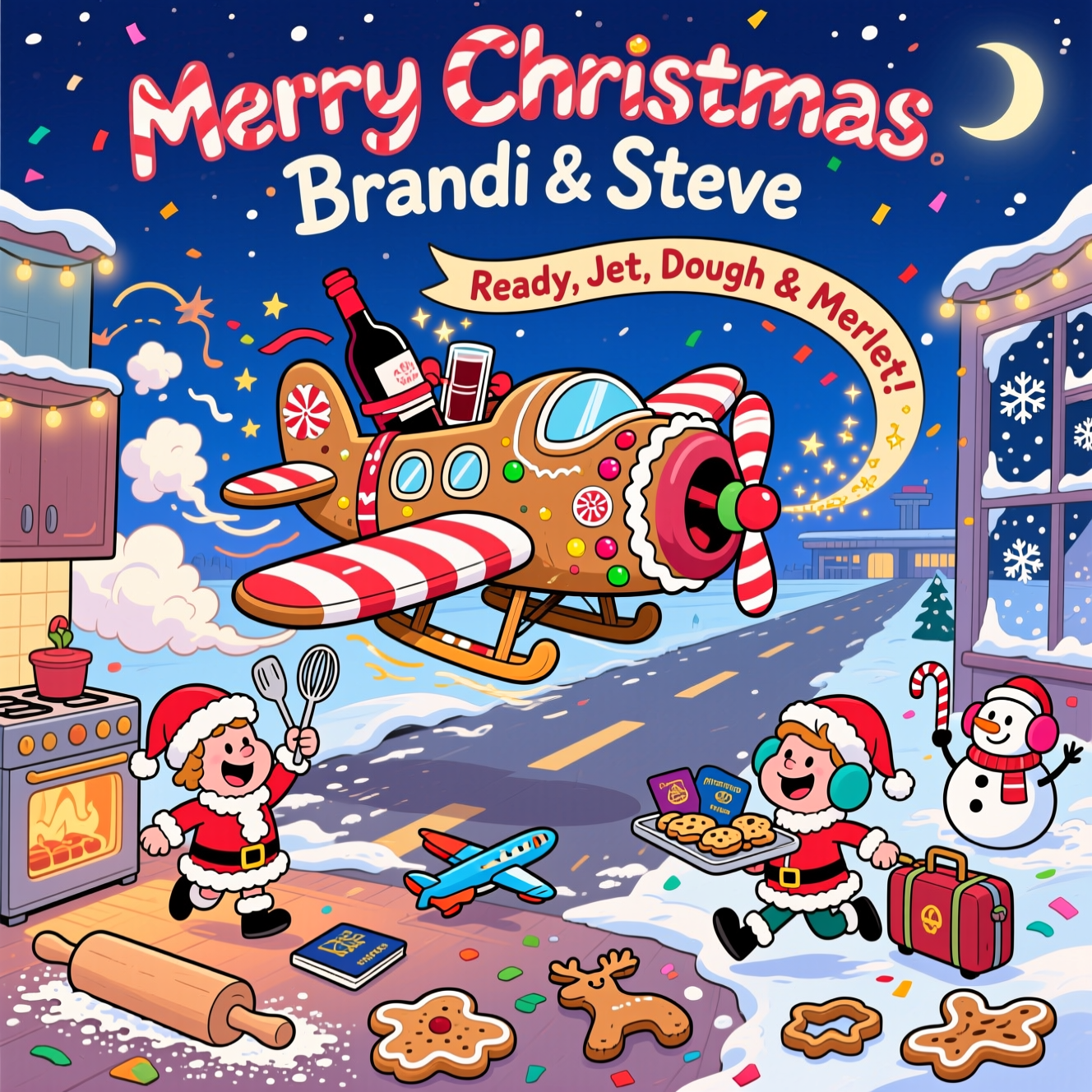 At the top of the Cartoon Style image, "Merry Christmas Brandi & Steve"

Playful, funny, full-bleed cartoon scene in bright saturated colors with thick outlines and bouncy, exaggerated proportions: a cozy holiday kitchen transformed into a comic mini-airport. A giant cookie-sheet runway dusted with powdered-sugar “snow” streaks into the distance. Center stage: a gingerbread airplane-sleigh hybrid—rolling pin fuselage, candy-cane wings, peppermint propeller, frosting windows, gumdrop lights—lifting off with gleeful energy. A ribbon-wrapped bottle of red wine is strapped to the side like a festive fuel tank, sloshing comically; the contrail swirls as sparkling mulled-wine curls with starry glints. On the ground, cheerful cartoon characters in Santa hats act as pastry ground crew: one waves a whisk and spatula like marshalling wands, the other jogs with a tray of cookies shaped like passports, luggage, and tiny airplanes. Marshmallow snowmen in earmuffs hold candy-cane batons; spilled flour poofs, rolling pins, and airplane- and reindeer-shaped cookie cutters scatter the foreground. Warm oven glow to the left, frosty window with snowflakes and a crescent moon to the right. Dynamic perspective, motion lines, twinkle lights, and confetti sprinkles amplify the humor and holiday buzz.

Headline styling: the top line “Merry Christmas Brandi & Steve” is hand-lettered in peppermint candy-cane stripes with a fluffy icing-white outline and tiny gold sparkles for readability against a rich twilight-blue sky.

Add one small extra text element: a curved banner trailing behind the gingerbread plane that reads, “Ready, Jet, Dough & Merlot!” in bold, playful lettering.
Generated with these themes: Baking cookies, travel, wine, , and .
Made with ❤️ by AI.