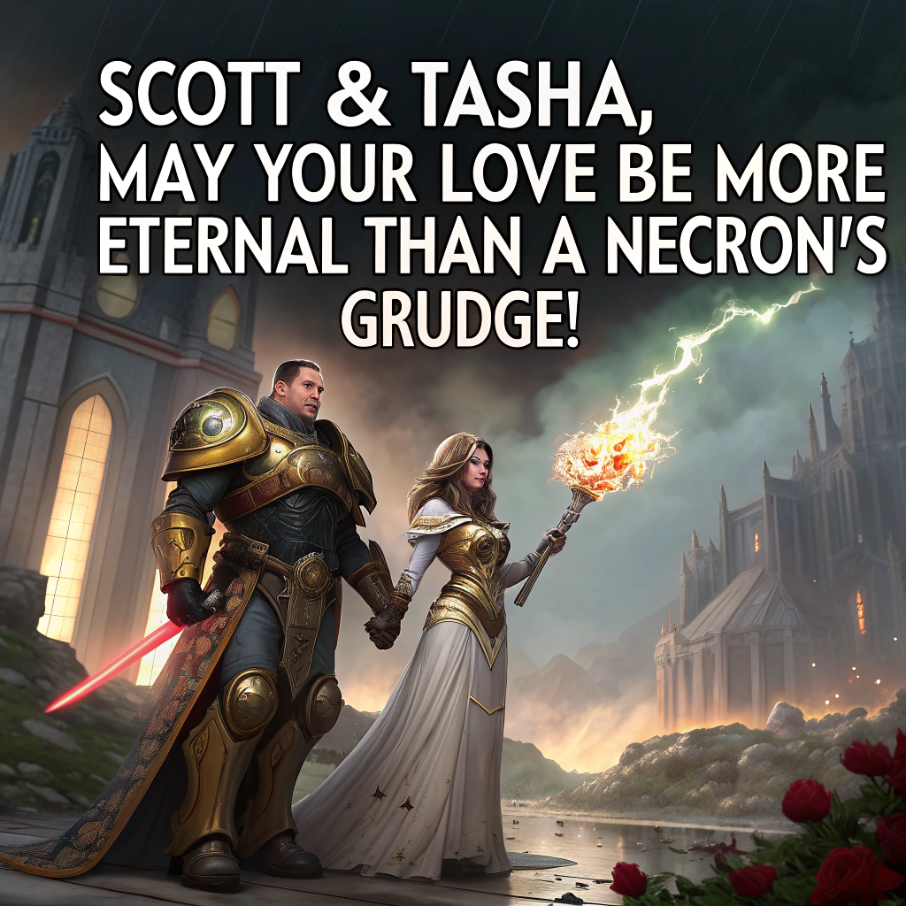 At the top of the image, "Scott & Tasha, may your love be more eternal than a Necron's grudge!"

- In the center of the illustration, depict a surreal wedding scene set in a crumbling Gothic cathedral on a floating chunk of Warhammer battlefield.  
- Scott is dressed in ornate golden power armor, half Space Marine, half Groomzilla, holding a flaming chainsword in one hand and a bouquet of purity seals in the other.  
- Tasha stands beside him, draped in flowing, rune-etched robes that shimmer with Eldar-like psychic energy, her veil levitating around her head like a Warp storm halo.  
- Instead of a priest, an Imperial Inquisitor solemnly blesses the union while aiming a bolt pistol at a confused ork in the back pew.  
- Cupids in servo-skulls buzz overhead, trailing ribbons made of prayer scrolls and duct tape.  
- Behind the couple, a colossal wedding cake rises like a hive city tower, each layer etched with Chaos symbols, hearts, and skulls, guarded by mini Grey Knights who stab rogue icing blobs attempting heresy.  
- Floating candles flicker in anti-gravity, and Tyranids in tiny top hats serve wine while sneaking cake bites with their mandibles.  

The overall atmosphere is a blend of dramatic romance and absurd cosmic warfare—a holy matrimony where "’Til Death Do Us Part" requires multiple respawns.
Generated with these themes: Warhammer .
Made with ❤️ by AI.