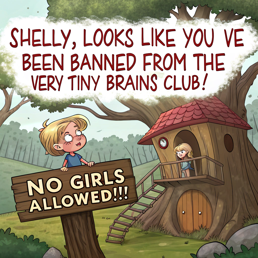 Donald Trump as a young boy in shorts and a dirty t-shirt in a tree house with a big sign that says "no girls allowed", and Donald is looking menacingly down at a few young girls dressed as scientists Sympathy Card