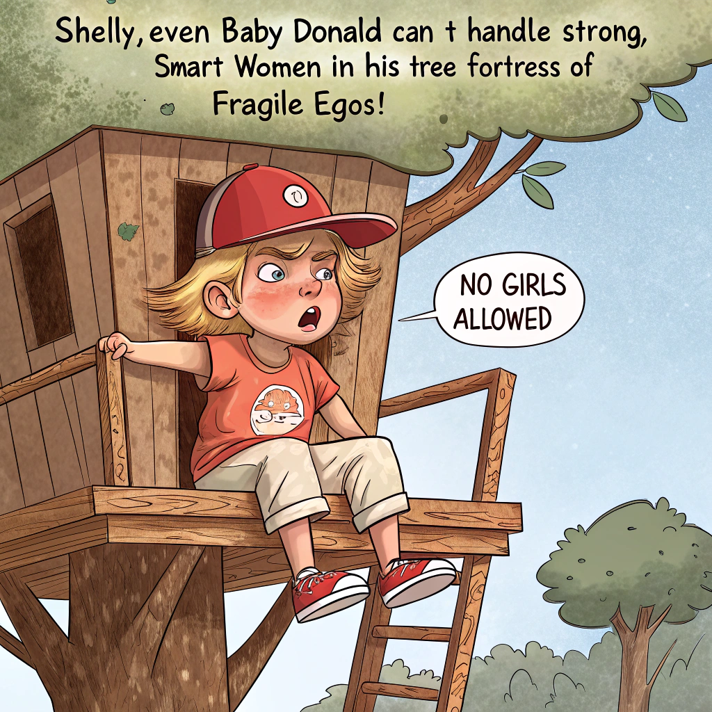 At the top of the image, "Shelly, even Baby Donald can’t handle strong, smart women in his tree-fortress of fragile egos!"

- In the image: A cartoon-style scene featuring a young boy version of Donald Trump with exaggerated features — swoopy blonde hair, red baseball cap backwards, grubby t-shirt with ketchup stains, and too-big khaki shorts — sitting high in a wooden treehouse.

- The treehouse has a crude, hand-painted sign that reads "NO GIRLS ALLOWED" in wonky letters.

- Donald scowls menacingly down from the treehouse, arms crossed in a pout.

- Below the treehouse, three young girls dressed adorably in mini lab coats and goggles, holding clipboards and science gear, look up unimpressed or mildly amused.

- A blackboard beside the girls reads “Physics > Feelings” with chalk equations and a sketch of the tree’s flawed structural design.

- Overall color palette is playful, vibrant, with exaggerated facial expressions to boost the comic energy.

- Optional detail: a tiny American flag awkwardly nailed upside down on the treehouse and a “Build the Wall (Around My Clubhouse)” sticker peeling off one of the wooden planks.
Generated with these themes: Donald Trump as a young boy in shorts and a dirty t-shirt in a tree house with a big sign that says "no girls allowed", and Donald is looking menacingly down at a few young girls dressed as scientists.
Made with ❤️ by AI.