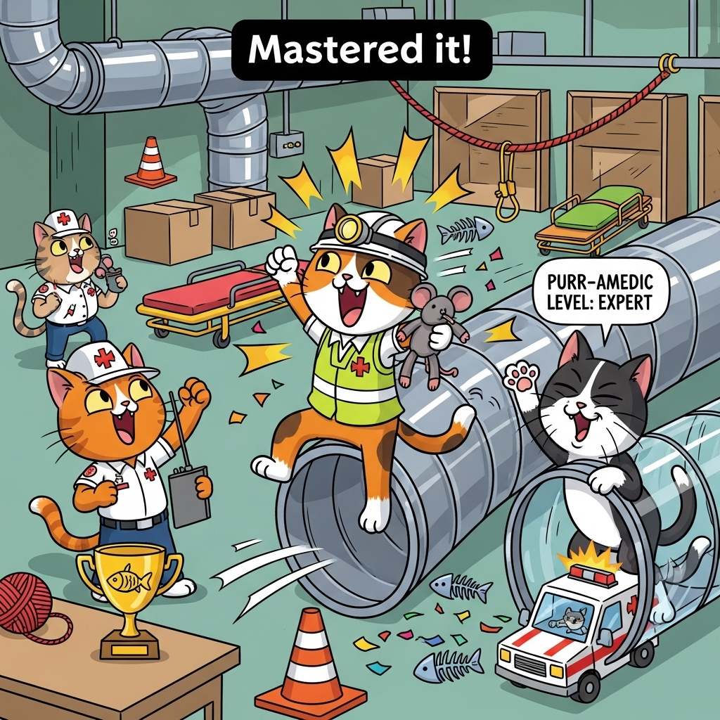 At the top of the Cartoon Style image, "Mastered it!"

Playful cartoon scene with exaggerated proportions, thick black outlines, and bright, saturated colors. Inside a lively search-and-rescue training bay, a team of paramedic cats runs a confined-spaces simulation. Center stage: a triumphant calico paramedic cat in a neon high‑vis vest and tiny helmet headlamp bursts out of a super-tight silver air duct, clutching a plush mouse “training dummy” like a rescue. On the left, an orange tabby paramedic with a radio and oversized clipboard does a celebratory fist-pump; on the right, a tuxedo cat is hilariously wedged halfway through a clear tube, one cheek smooshed, giving a paws-up. Above the wedged cat, a small speech bubble reads: “Purr-amedic Level: Expert!”

Around them, a whimsical maze of ducts, cardboard boxes, rope lines, and practice stretchers suggests the simulation course; yarn-ball traffic cones, a goldfish-shaped trophy on a table, and a tiny cat-sized ambulance with flashing paw-print lights add to the comedy. Dynamic motion lines, starburst accents behind the hero cat, and confetti fishbones amplify the celebration. Keep expressions big-eyed and joyful, poses energetic and bouncy, and the palette bold (teal, coral, sun-yellow, lime).
Generated with these themes: Paramedic, Cats, Simulation, Confined spaces, Search and rescue, and .
Made with ❤️ by AI.