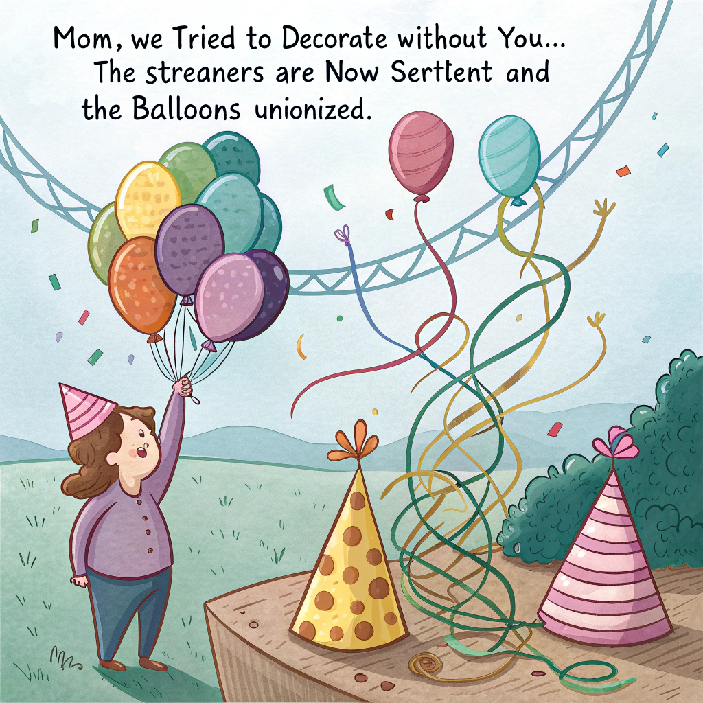 At the top of the image, "Mom, we tried to decorate without you… the streamers are now sentient and the balloons unionized."

– The abstract image features a surreal party setup gone hilariously wrong: floating tangled streamers forming twisted, almost human shapes waving protest signs ("Equal helium rights!", "Down with gravity!"), and deflated balloons wearing tiny hard hats.

– Tables are skewed at impossible angles with party hats stacked like ziggurats, and rogue confetti seems to be crawling toward the cake (which is hovering mid-air like a UFO, complete with twinkling lights).

– Color palette: bold pops of neon pink, gold, and sky blue set against a dreamy pastel backdrop, giving the scene an absurdly chaotic elegance.

– Mood: Whimsical disorder — think Dali meets Pinterest fails.
Generated with these themes: Decorating, and Event planning.
Made with ❤️ by AI.