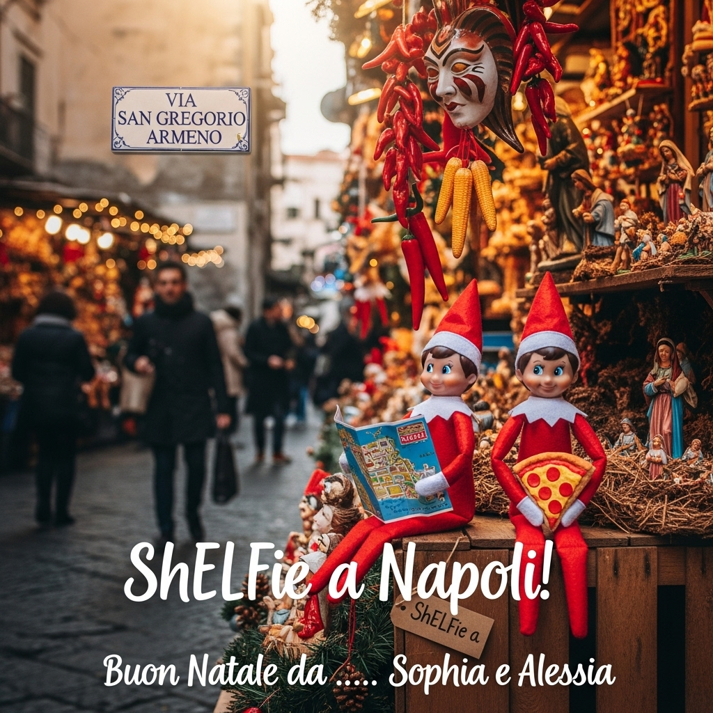 At the bottom of the Photorealistic picture taken from a camera image, indovinate dove siamo!! Buon Natale da ...... Sophia e Alessia!!

Vertical, ultra-high-definition 4K UHD, lifelike photorealistic daytime street photo in Via San Gregorio Armeno, Napoli at Christmas. Close-up at elf eye level: two Elf on the Shelf dolls (male and female) in classic red-and-white outfits with rosy plastic faces and felt textures, perched on a rustic wooden crate beside a presepe display. The female elf cheerfully holds a tiny tourist map of Napoli upside down; the male elf clutches an oversized mini slice of Margherita pizza, both grinning like mischievous tourists. Surround them with rich Neapolitan details: terracotta nativity figurines, strings of red peperoncini, little red corno amulets, a Pulcinella mask, hanging ornaments, artisan stalls brimming with miniature shepherds and pizzaioli. In the mid-ground, softly blurred shoppers in winter coats, warm hand gestures, and sparkling fairy lights; on the stucco wall, a ceramic street sign reading “Via San Gregorio Armeno.” Bright, crisp winter daylight with sunbeams raking across cobblestones; warm color temperature and true-to-life textures (wood grain, terracotta, felt, glassy elf eyes). Depth of field: sharp focus on the elves, creamy bokeh for the bustling background; mild motion blur on passersby. Camera look: 50mm prime, f/2.0, ISO 100, 1/500s, natural color grading, no heavy filters. Add a tiny hand-written tag on the crate that reads: “ShELFie a Napoli!” for a playful wink. Place the main text in a playful white hand-lettered script with a soft drop shadow for readability over the lower third, keeping the image large and dominant.
Generated with these themes: Due elfi maschio e femmina di elf on the shelf tra le strade di san gregorio armeno a Napoli a Natale, Foto di giorno, and .
Made with ❤️ by AI.