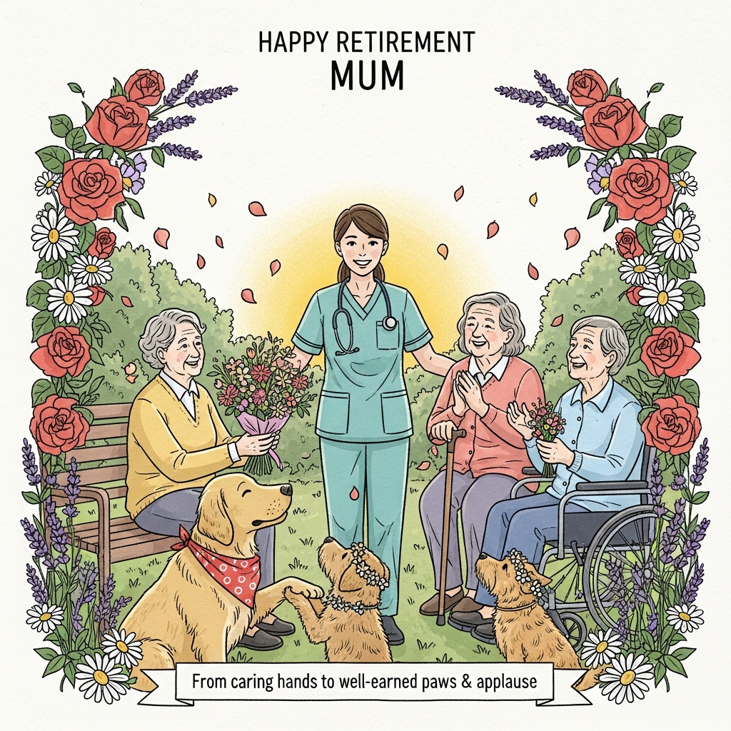 At the top of the Illustration Style image, "Happy Retirement MUM"

Hand-drawn illustration with fine linework and textured brush strokes, warm and expressive color palette (sage greens, soft corals, butter yellow, lavender). A tender garden scene at golden hour outside a care home: in the center, a smiling care worker in soft teal scrubs is surrounded by three joyful older residents—one seated on a bench offering a bouquet of mixed wildflowers, one with a cane clapping warmly, and one in a wheelchair holding a small posy. Two friendly therapy dogs complete the circle: a golden retriever with a red bandana offering a paw, and a small terrier wearing a delicate flower crown, looking up adoringly. Flowering borders of roses, lavender, and daisies arc around them, forming a natural frame; petals drift gently through the air. Gentle sunbeams, soft paper grain, and a balanced composition that leaves airy sky space for the header. Expressions are kind and sincere; the mood is heartfelt and celebratory.

At the bottom, a small ribbon banner in hand-lettered script reads: "From caring hands to well-earned paws & applause."
Generated with these themes: Care worker, Dogs, Old people, Flowers, and .
Made with ❤️ by AI.