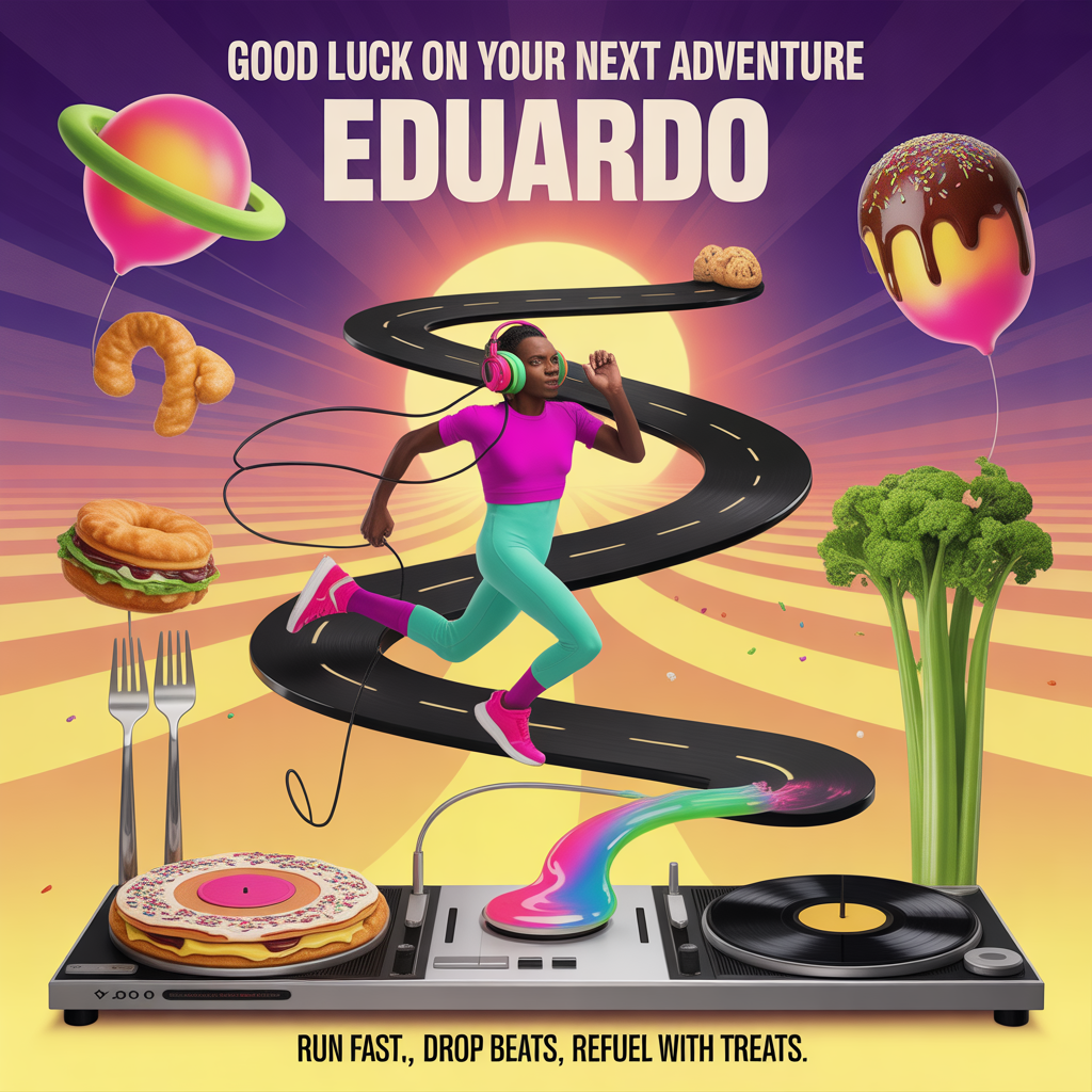 At the top of the Surreal Style image, "Good luck on your next adventure Eduardo"

At the bottom of the image, "Run fast, drop beats, refuel with treats."

A Dali-inspired, dreamlike landscape where a ribbon-treadmill highway spirals like a giant vinyl record toward a glowing turntable sun. In the center, a stylized runner-DJ in ultra-bright neon athleisure (magenta, cyan, lime) sprints mid-air, donut-shaped headphones on, a spaghetti cable looping like a jump rope. Their melting sneakers leave glossy color trails that morph into a smoothie river. The DJ deck is fused to the treadmill: one platter is a spinning pizza, the other a sushi roll; silver forks serve as tonearms, and celery stalks rise as pulsing EQ bars. Avocado kettlebells orbit like planets, churro barbells curl in the sky, and burger-speaker towers thump out confetti sesame seeds. Floating fruit balloons and cheering carrot coaches in tiny headphones line the path. The treadmill unfurls into a waving hand silhouette as it climbs into the horizon, hinting at farewell, while a suitcase-boombox bounces at the runner’s hip. Ethereal, iridescent lighting, melting edges, elastic perspectives, soft painterly textures, vivid saturated palette. Portrait composition with generous negative space above and below for the text, crisp, legible lettering.
Generated with these themes: Running, exercising, bright coloured clothes, good food, djing, and .
Made with ❤️ by AI.