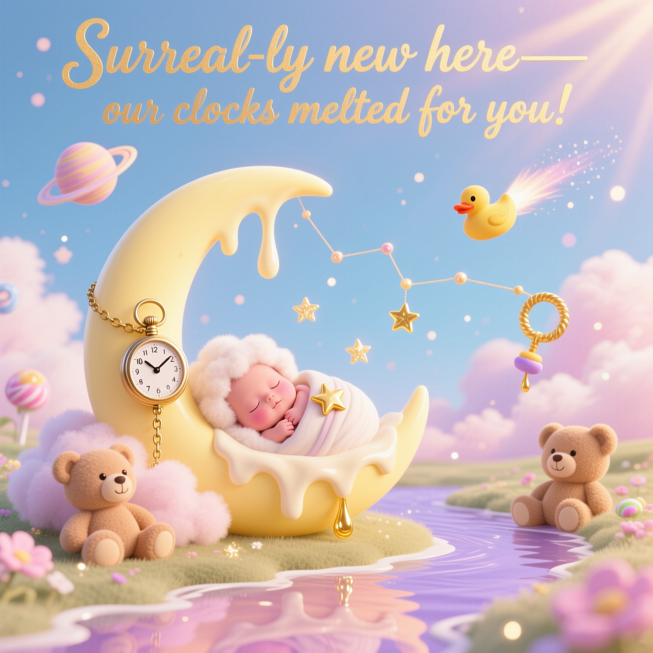 At the top of the image, "Surreal-ly new here—our clocks melted for you!"

A dreamy, Dali-inspired, cute surreal scene: a buttery-yellow crescent moon gently melting like vanilla ice cream forms a cradle, holding a snoozing newborn swaddled as a fluffy cloud with rosy cheeks and a tiny star curl. Soft, drooping pocket watches drape over the moon and nearby teddy-shaped clouds; their golden drips turn into twinkling stars midair. A calm milk river winds below, reflecting ethereal peach-to-lavender light. Overhead, pacifier-planets with halo rings and rubber-duck comets glide through a candy-cotton sky; rattles connect into constellations. Pastel palette (buttercream, blush pink, baby blue, lavender, soft gold), gentle god rays, sparkly bokeh dust, soft bloom, shallow depth of field. Portrait composition with generous top negative space for the single line. Hand-lettered dreamy script for the text in soft gold with a subtle glow, high legibility. Cute, whimsical, heart-melting, otherworldly.
Generated with these themes: New baby, and .
Made with ❤️ by AI.