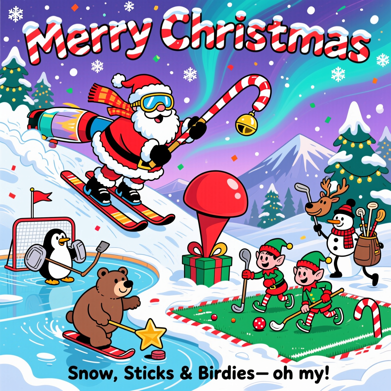 Skiing, Hockey, Field hockey, Golf, and Christmas Card