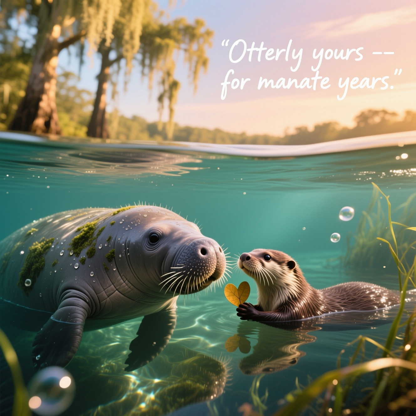 Ultra‑high‑definition 4K photorealistic over‑under split shot captured with a full‑frame camera in a crystal‑clear Florida spring at golden hour. Foreground: a gentle manatee rises just below the surface, whiskers catching warm, dappled sunlight; beside it, a playful river otter floats on its back, lightly touching noses with the manatee while holding a tiny heart‑shaped leaf. Water is teal and glassy with shimmering caustics, a few soft bubbles, and swaying seagrass; above water, soft‑focus cypress trees and Spanish moss glow with golden rim light against a pastel sky. Lifelike textures: individual wet otter fur strands with water beads, smooth manatee skin with subtle algae mottling, realistic refraction at the waterline. Rich depth of field: subjects tack‑sharp, background gently blurred; natural color grading, crisp contrast, soft vignette. Camera style: 35mm lens in a dome‑port housing, f/4, ISO 200, 1/500s, accurate white balance, polarizer to tame glare. Leave clean negative space in the upper‑right.

On‑image caption (one short line): “Otterly yours — for manatee years.” 
Placement and style: small, warm‑white handwritten script in the upper‑right negative space, subtle drop shadow for legibility, unobtrusive and not covering the animals.

Photorealistic only; no humans, boats, gear, logos, watermarks, or extra text.
Generated with these themes: Otter, Manatee, and .
Made with ❤️ by AI.