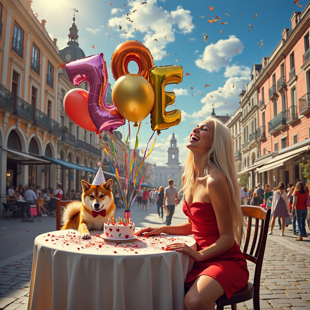 Shiba Inu, Blonde woman 44th Birthday, Medium build, Madrid spain, 44 years old, Long white blond straight hair, and Long limbs Birthday Card