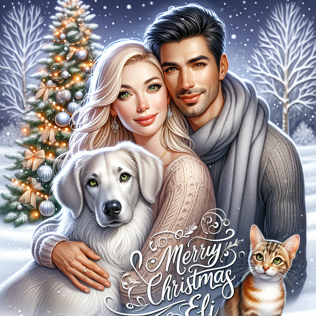 A heartwarming Christmas illustration features a white blonde woman with sparkling green eyes and a tall brown man with gentle brown eyes embracing in a snow-dusted landscape. Their affectionate white wolfhound dog and an inquisitive small pretty tabby cat sit beside them, adding a cozy feel to the scene. In the background, a festively decorated tree twinkles with lights and ornaments. The phrase 'Merry Christmas Eli' is artfully integrated into the snow at their feet, written in elegant cursive script.
Generated with these themes: Love, White blonde woman with green eyes, Tall brown man with brown eyes, White wolfhound dog, and Small pretty tabby cat .
Made with ❤️ by AI.