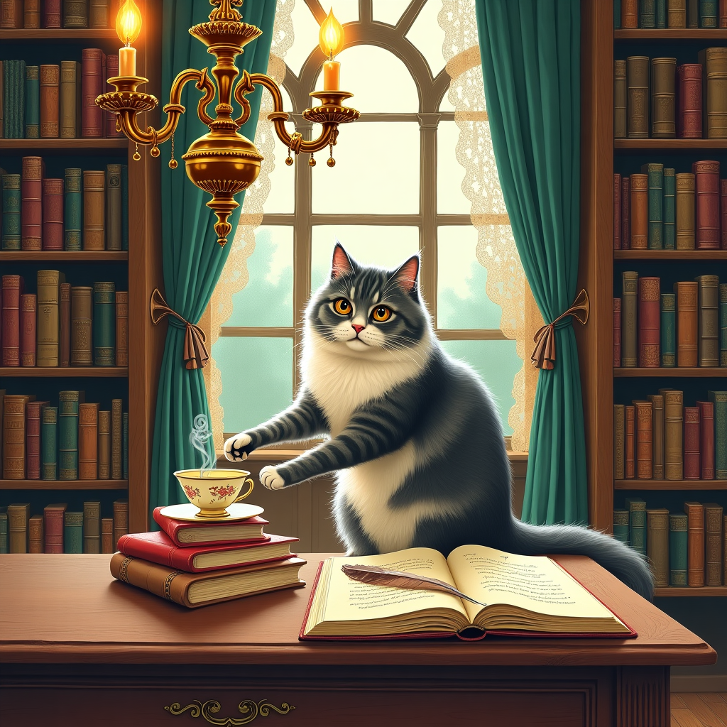 On the front of the birthday greeting card, envision a cozy, whimsically detailed library scene with a delightful twist. 

At the heart of the illustration is an elegantly mischievous cat, poised atop a sturdy wooden library table cluttered with an eclectic array of books. This feline is a fluffy British Shorthair with an air of curiosity, its fur a tapestry of grey and white. It's reaching out with one paw, gently nudging an ornate inkwell that teeters on the brink of spilling. 

The library setting is a visual feast for the eyes, inspired by the intricate linework of Aubrey Beardsley with a dash of Quentin Blake's playful looseness. Towering bookshelves stretch across the background, crammed with leather-bound tomes of every hue. Deep mahogany, emerald greens, and rich burgundies dominate the color palette, contrasting with the creamy pages of the books. 

Lace curtains frame a large, arched window in the background, reminiscent of a Maxfield Parrish landscape, through which dappled sunlight spills into the room. The lace is delicate and intricate, akin to the finest Victorian design, casting shadowy patterns onto the polished wooden floor below.

In the foreground, a small stack of books serves as a platform for a delicate porcelain teacup, steam gently curling upwards, adding a touch of warmth and homeliness. Beside the cup, an old-fashioned quill lies sprawled on an open book, its pages filled with ornate, swirling script that hints at an untold story.

Suspended from the ceiling, a vintage brass chandelier with flickering candle bulbs provides a gentle glow, illuminating the scene in a golden hue, casting soft shadows across the room's details. The chandelier's design nods to the intricacy of Edward Gorey's work, with its detailed filigree and whimsical curvature.

The overall composition invites the viewer to linger, exploring the myriad of elements that create this inviting, bookish haven. It's a scene that encourages a second glance, capturing the charm of a bygone era while celebrating the warmth and comfort of a good book, a cozy cat, and a quiet moment of celebration.
Generated with these themes: Cat, Library, and Lace.
Made with ❤️ by AI.