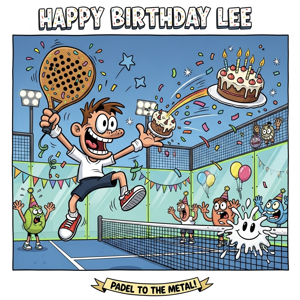 At the top of the Cartoon Style image, “Happy Birthday Lee”

A full-bleed, zany cartoon padel scene bursting with party energy: Lee, a playful cartoon character with a huge grin, big expressive eyes, and ultra-exaggerated limbs, springs skyward in an over-the-top smash pose, wielding a chunky padel racket with big perforations and candy-sprinkle detailing. The “ball” is a mini birthday cake with lit candles, arcing toward the glass wall and trailing rainbow confetti, glittering sparkles, and swooshy motion lines; a harmless frosting splat on the glass forms a smiley face. Inside the bright electric-blue and lime-green padel court, the net posts wear party hats and bunting, balloons bob around, and a couple of goofy, wide-eyed opponents press against the glass in comical shock. Add a few cheering anthropomorphic padel balls in the background wearing tiny party hats. Use thick black outlines, bold saturated colors, simple toon shading, and energetic swirls and starbursts to amplify movement. Text style for the top line: bold, bubbly 3D letters with a white outline and confetti sprinkles. At the bottom, add a small curved banner with a cheeky one-liner: “Padel to the metal!”
Generated with these themes: Padel, and .
Made with ❤️ by AI.