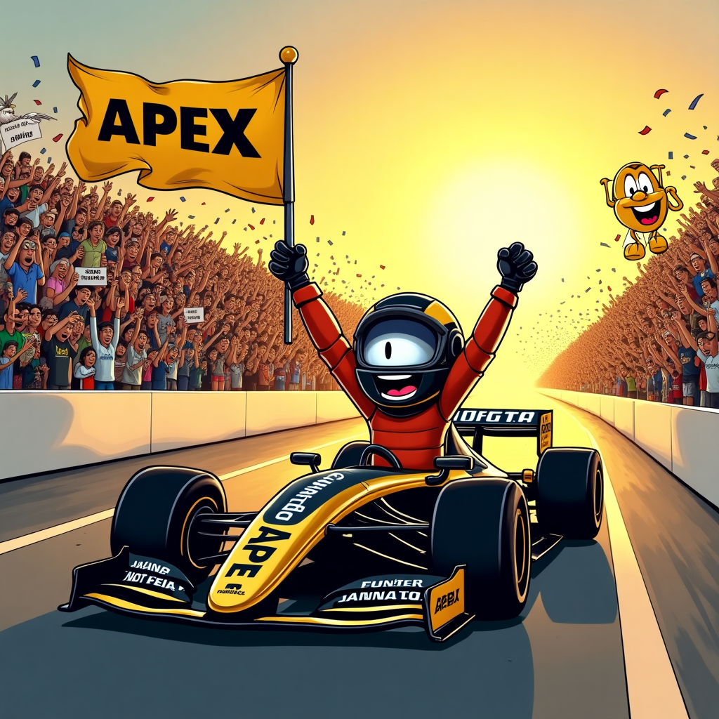 A black and gold formula one car from the APEX team wins a Grand Prix at sunset in front of a cheering crowd Thank-you Card
