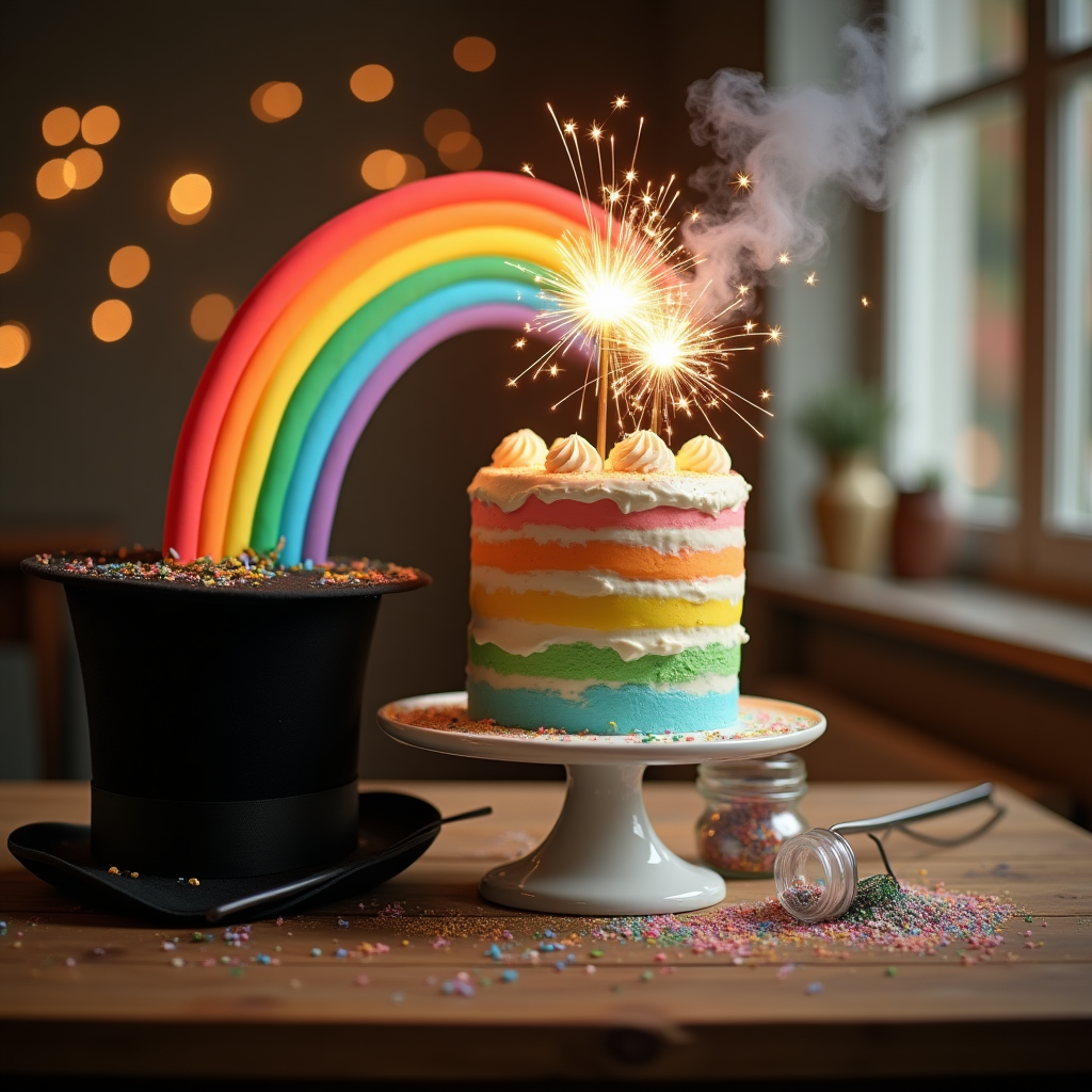 Photorealistic 4K UHD vertical photograph, funny birthday scene on a rustic wooden table: a tall, slightly wonky rainbow-layer cake with glossy white icing and edible glitter sparkle, topped with star-shaped sparklers mid-crackle. Beside it, a black velvet magician’s top hat with a wand leaning against the cake stand. A soft, luminous rainbow arcs up from the hat and curves over the cake, with shimmering glitter and tiny glowing star particles swirling in the air as if enchanted. Warm fairy lights in the blurred background create star-shaped bokeh; confetti and a small spilled jar of glitter add playful chaos. Accurate lighting: golden window light from camera-left, subtle rim/backlight from string lights to make the glitter and smoke sparkle; lifelike textures on frosting swirls, sugar crystals, velvet hat, wood grain, and metal sparklers; rich depth of field with tack-sharp cake and magic, creamy background blur. Clean, modern, single-line text on image at the bottom center: “Age: magically redacted.” in small white sans-serif with a soft drop shadow. Shot on a full-frame camera, 50mm lens at f/1.8, ISO 200, 1/100s; natural color, high dynamic range, no logos or extra text, ultra-realistic, cinematic yet playful mood, themes of rainbows, stars, magic, glitter.
Generated with these themes: Rainbows, stars, magic, glitter, and .
Made with ❤️ by AI.
