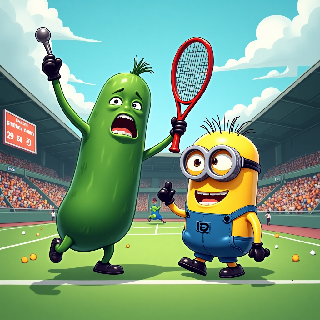 **Prompt:**

A hilarious cartoon scene set on a chaotic sports field: A giant pickle dressed as a soccer referee blows a whistle furiously, while a Lego brick character in gym shorts is tripping over its own blocky feet during a sprint race. Meanwhile, a mischievous Minion wearing a sweatband and wielding a tennis racket is somehow playing three different sports at once—tennis, basketball, and dodgeball—causing absolute mayhem. In the background, birthday balloons are tangled in the scoreboard, which has mysteriously started displaying the age “29-ish” for all the players. The whole scene is bursting with color, silliness, and exaggerated cartoon expressions, capturing the ridiculous joy of sports... Minion-style.
Generated with these themes: Pickle, Lego, Minion, and Sports.
Made with ❤️ by AI.
