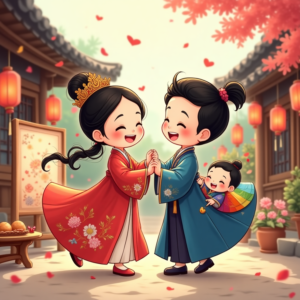 Romantic, playful cartoon scene in bright saturated colors and thick black outlines: In a sunlit hanok courtyard, a Korean bride and groom in traditional wedding hanbok are spinning in a joyful embrace. The bride wears a crimson hwarot with gold peony and phoenix embroidery, jokduri crown, and cute yeonji-gonji red cheek dots; the groom wears a deep cobalt hanbok with wide sleeves and a black headpiece. Between them, a chubby baby boy in a tiny hanbok (sky-blue jeogori with rainbow saekdong sleeves, little bokgeon cap) peeks out from a colorful podaegi wrap on the groom’s back, giggling and waving a miniature wooden wedding duck. A paebaek table sits nearby with dates and chestnuts, and a pair of wooden mandarin ducks tied with red and blue ribbons. Behind them, a folding screen painted with peonies and cranes, paper lanterns with tassels, fluttering heart-shaped petals, and confetti swirl to emphasize motion. Exaggerated chibi proportions, whimsical energetic poses, glossy big eyes, cel-shaded highlights, soft golden glow and bokeh hearts for a romantic mood. Full-bleed vertical composition with ample sky at top.

Include small text on image: “Seoul‑mates, Party of Three!” in playful brush lettering, curved above the couple, with tiny hearts and peony petals accenting the line.

Style keywords: cartoon, thick outlines, saturated colors, tradition, koreanb, wedding, baby boy, joyful, romantic.
Generated with these themes: Tradition , Koreanb, Wedding, With a baby boy, and .
Made with ❤️ by AI.