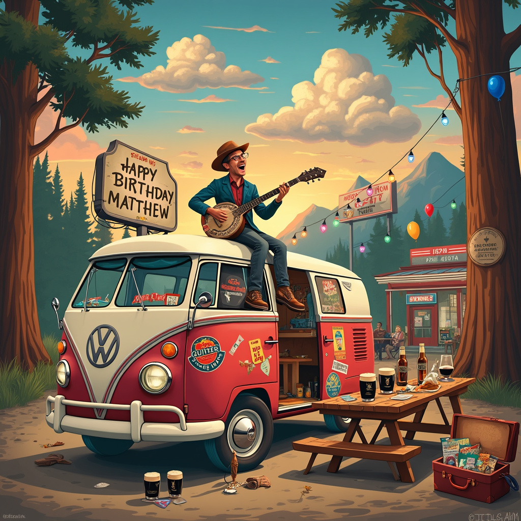 In the vibrant scene of a bustling American cross-country adventure, we find Matthew front and center, strumming an old-timey banjo while sitting on the hood of a classic red and white VW van adorned with bumper stickers from various states. The van, parked in a lively campground surrounded by tall, majestic redwood trees, is emblazoned with the phrase "Happy Birthday Matthew" in bright, colorful letters across the windshield. The sky above is painted in the warm hues of a setting sun, with fluffy clouds spelling out "Matthew" as if the sky itself is celebrating his special day.

Nearby, a small group of friends, with wide grins and clinking glasses, are gathered around a makeshift wooden picnic table. On the table are several pints of frothy Guinness beer, their dark liquid contrasting sharply with the creamy white foam heads. The table is strewn with travel brochures and maps, hinting at past adventures and those yet to come. There’s a campfire crackling in the background, and an old-fashioned road sign nearby points in various directions, naming iconic destinations like Route 66, the Grand Canyon, and Bourbon Street.

Adding to the festive feel, multi-colored string lights are draped between the trees, casting a whimsical glow over the entire scene. Balloons tied to the van and the trees flutter gently in the breeze, adding a touch of celebration. An old suitcase, sticker-covered and slightly battered from many travels, sits open on the ground, overflowing with travel mementos like postcards, keychains, and miniature license plates.

In the distant background, a classic American diner with a neon "Open 24/7" sign glows invitingly, and a vintage billboard on the side of the road wishes "Happy Travels and Happy Birthday, Matthew!" making it clear to any passerby that this scene is all about celebrating Matthew’s special day in style, blending music, travel, and a good pint in one joyous tableau.
Generated with these themes: Playing the banjo, Guinness, traveling around America .
Made with ❤️ by AI.