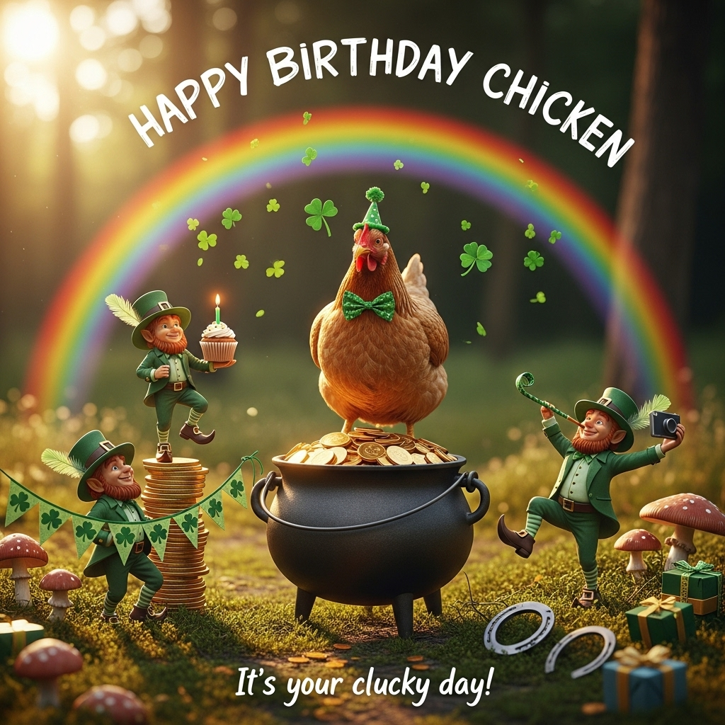 At the top of the Photorealistic picture taken from a camera image, the text "Happy Birthday Chicken" in playful hand-painted white lettering with a thin shamrock-green outline, gently arced along a faint rainbow.

Ultra-high-definition 4K UHD, photorealistic camera shot in a sun-dappled Irish forest clearing after rain. A cast-iron pot brims with gleaming gold at the end of a soft rainbow; perched on the rim, a real chicken in a tiny green party hat and gold bow tie gives a bemused side-eye to the lens. Three lifelike leprechauns celebrate around it: one balancing on stacked coins offering a cupcake with a single candle, one mid-jig blasting a party horn, and one stretching an arm to take a selfie with a small vintage pocket camera. Clover confetti hangs midair, mushrooms draped with four-leaf-clover bunting, dew-beaded shamrocks and moss underfoot, horseshoe and wrapped mini-gifts nearby for extra whimsy.

Lighting: warm golden-hour sunlight from camera-left with soft rim light on feathers and hats; realistic specular highlights on coins; subtle rainbow lens flare. Depth of field: crisp focus on the chicken and nearest leprechaun, creamy bokeh on the woodland background. Lifelike textures of feathers, iron, moss, leather, and felt. Portrait orientation (4:5), 50mm prime, f/2.2, ISO 100, 1/500s, natural color grade and rich dynamic range.

At the bottom, add a small cheeky caption: "It’s your clucky day!" in shamrock-green, handwritten, subtle and unobtrusive.

Only the two text lines above should appear.
Generated with these themes: Leprechauns, and .
Made with ❤️ by AI.