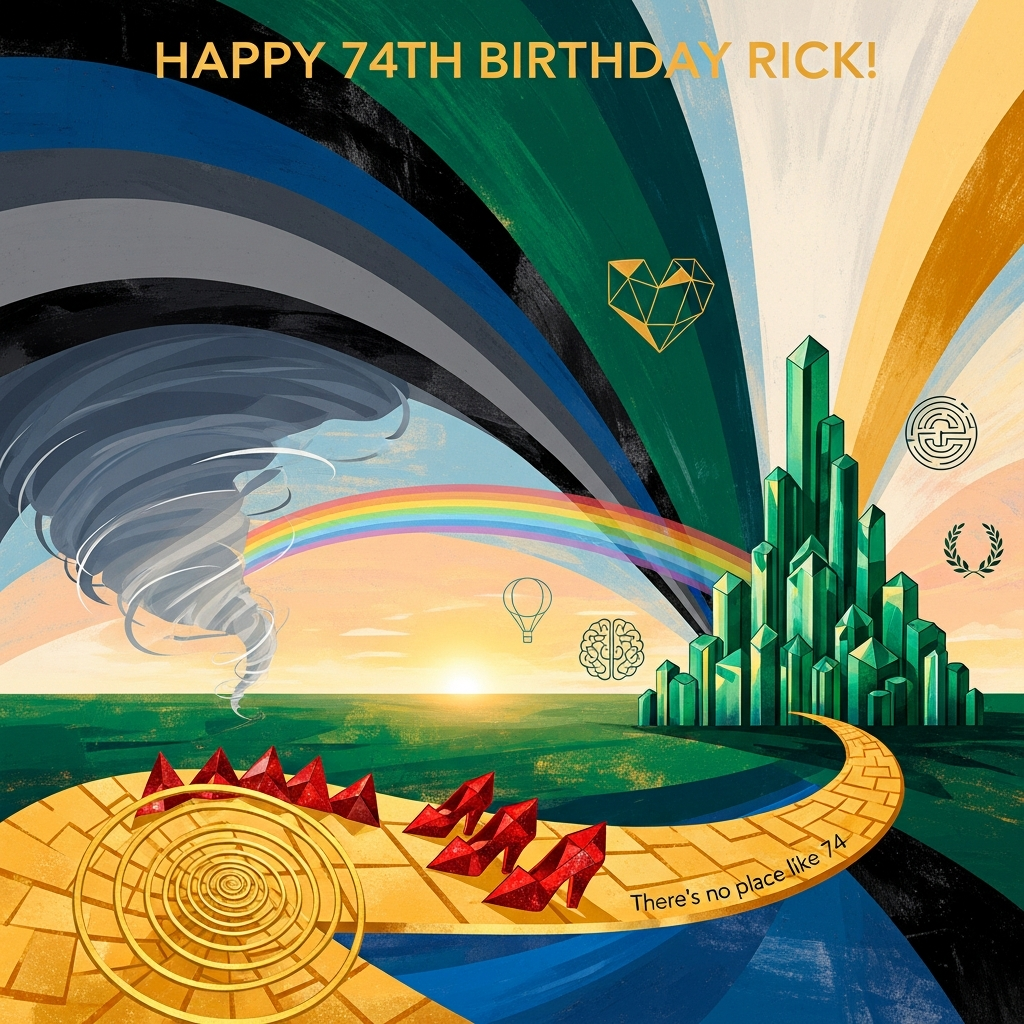 At the top of the Abstract Style image, "Happy 74th Birthday Rick!"

Sincere, uplifting, bold abstract composition inspired by Wizard of Oz: high-contrast geometric shards and sweeping fluid curves. A radiant golden spiral path (the yellow brick road) unfurls from the bottom-left, leading toward a crystalline emerald skyline made of faceted rectangles and triangles (Emerald City). On the left, charcoal-to-indigo arcs swirl into a soft, dissipating vortex (the twister) that melts into calm, airy space. A translucent prismatic rainbow band bridges the sky to the city, while a minimalist circular hot-air balloon motif hovers near the horizon. Red, glittering triangular facets nestled along the path subtly hint at iconic shoes without literal depiction. Layer in quiet symbols of the journey—an angular heart, a maze-like brain glyph, and a laurel-crowned medallion—embedded among the shapes to suggest heart, wisdom, and courage.

Palette: deep emerald, luminous gold, ruby red accents, sapphire blue, warm cream, and inky black for punchy contrast. Texture: dynamic brush-stroke energy, palette-knife scrapes, layered paint and canvas grain. Lighting: warm sunrise glow at the horizon for a sincere, hopeful mood.

Typography for the headline: clean, elegant sans serif in warm white or soft metallic gold, with a gentle shadow against the sky for legibility.

Place a small, tasteful caption along the golden path near the bottom-right: "There's no place like 74."

Keep it fully abstract—no literal character likenesses—celebrating Oz through color, shape, and motion.
Generated with these themes: Wizard of Oz, and .
Made with ❤️ by AI.