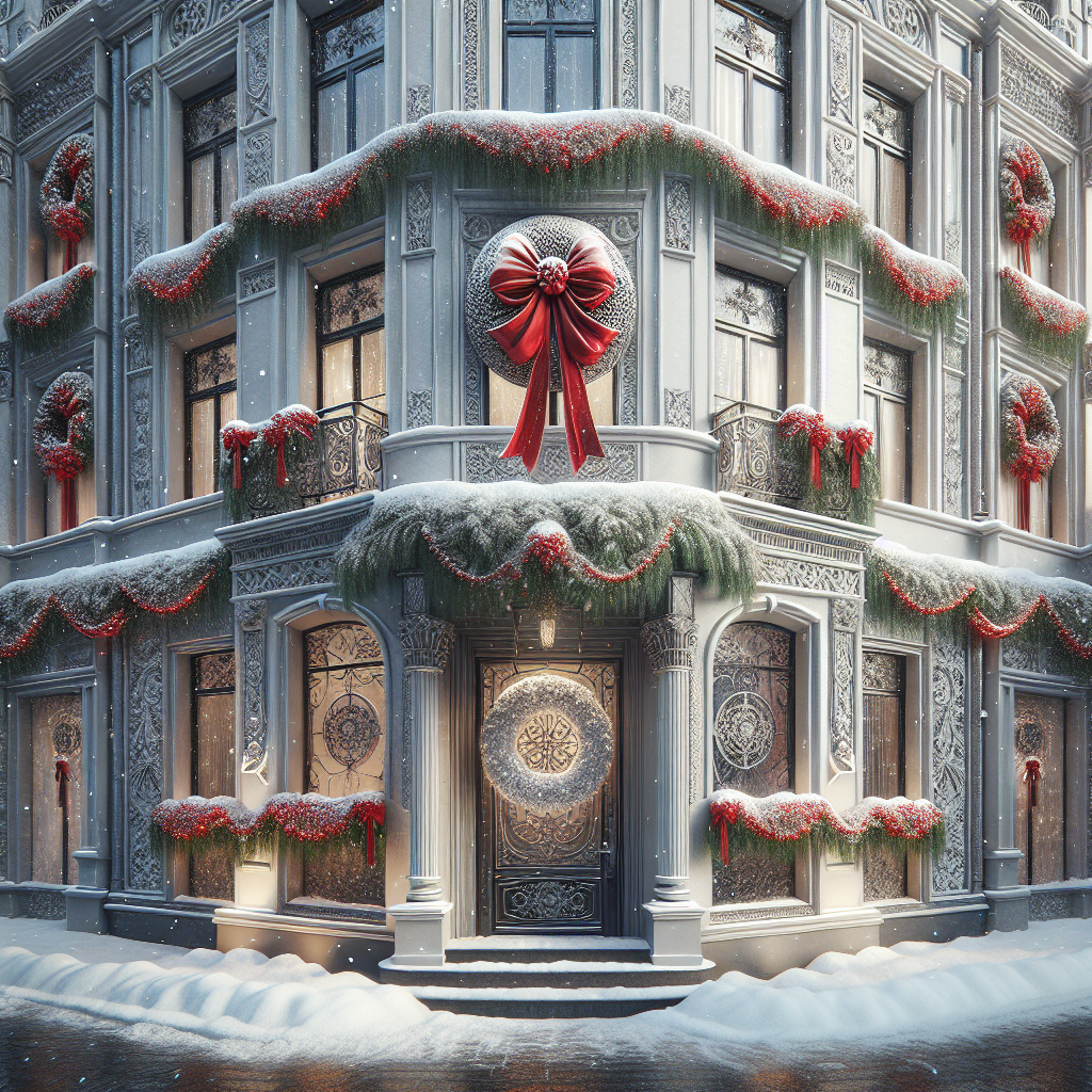 In this Christmas-themed scene, Bar Coccia d'Argento stands out with its elegant design by Attilio Di Gouseppantonio. The building is accented with realistic garlands and red ribbons, creating a contrast against the fresh snowfall. An ornate silver wreath centers on the entrance, while the windows showcase a delicate frosting pattern, adding to the overall magical holiday atmosphere.
Generated with these themes: Bar coccia d’argento , and Attilio di gouseppantonio.
Made with ❤️ by AI.