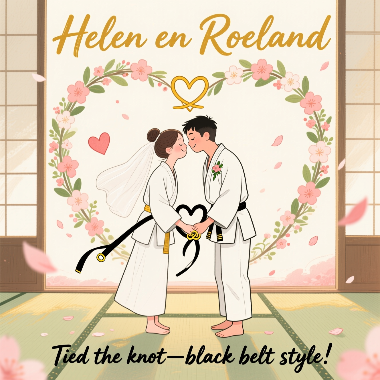 At the top of the Illustration Style image, "Helen en Roeland"

At the bottom of the image, "Tied the knot—black belt style."

Hand-drawn, romantic judo scene: a tender, playful moment on a soft sage tatami “aisle.” The couple stands in white judo gi with wedding touches—her loose veil tucked under a neat bun, his tiny boutonnière on the lapel. Their obi belts trail toward each other and interlace into a graceful heart-shaped knot between them, with the belt ends tipped by tiny gold rings. They lean into a gentle bow (rei), foreheads nearly touching, eyes closed, serene smiles—more a dance than a throw.

Compose a balanced, airy layout: the top headline in elegant hand-lettered brush script (warm gold ink with a subtle shadow), the heart-knot centered beneath it, and the short punch-line at the bottom in a playful, bold brush script for contrast. Surround them with a floral dojo-arch (a torii-like shape wrapped in blossoms and soft greenery), floating heart-shaped cherry-blossom petals, and a dusky golden glow that pools softly across the tatami. Keep linework fine and expressive, with textured brush strokes and watercolor washes in a warm palette: ivory, blush, soft coral, sage, and warm gold. Paper texture subtly visible; delicate ink hatching and soft vignetting to frame the scene.
Generated with these themes: Judo, and .
Made with ❤️ by AI.