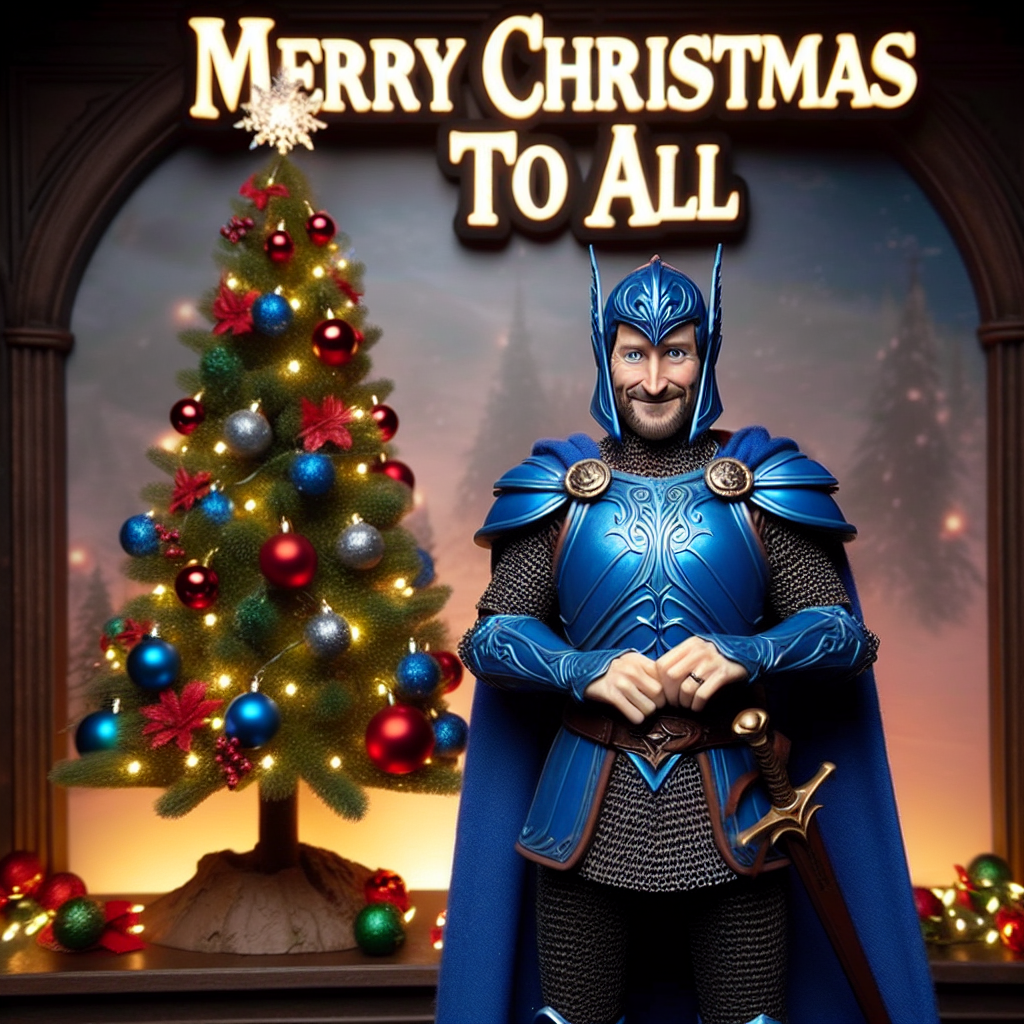 Warhammer 40k ultramarine saying "merry christmas eretici" next to a christmas tree Christmas Card