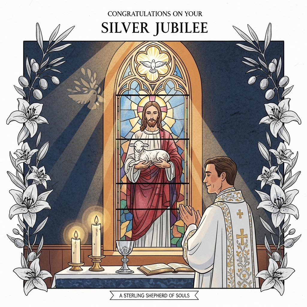 At the top of the Illustration Style image, "Congratulations on your Silver Jubilee"

A sincere, hand-drawn illustration with fine linework and textured brush strokes: a warm, reverent church interior at golden hour. Centered foreground, a priest in white and soft-gold vestments with delicate silver embroidery stands before the altar, hands gently clasped in gratitude, a subtle smile of humble joy. Behind him, a tall stained-glass window depicts Christ the Good Shepherd with a gentle halo, holding a lamb; rich jewel tones glow as sunlight pours through. From above, a soft, radiant light signifying God descends in gentle beams, with the faint silhouette of a dove within the rays. Silver-accented olive branches and lilies frame the scene in a balanced composition, hinting at a wreath around the priest. Lit candles flicker at the altar; a silver chalice and an open scripture rest nearby. Warm, expressive color palette—honeyed ambers, deep blues, creamy whites—with nuanced ink linework and subtle paper grain for a timeless, heartfelt feel. At the very bottom, small and hand-lettered on a slender ribbon, add: "A sterling shepherd of souls."
Generated with these themes: Priest, God, Christ, and .
Made with ❤️ by AI.