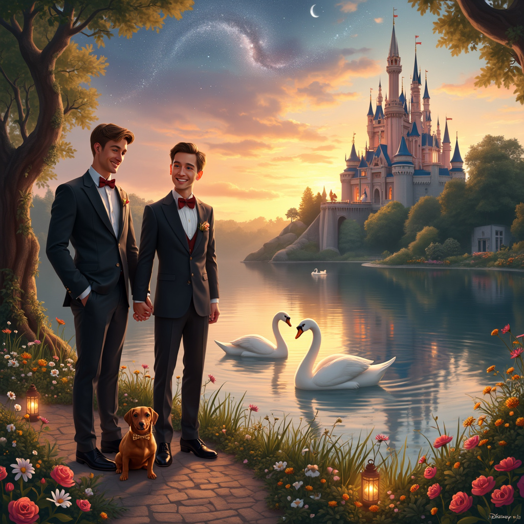 Disney castle, Sunset, Stars, Gay men, Miniature Sausage Dog, and Swans Wedding Card