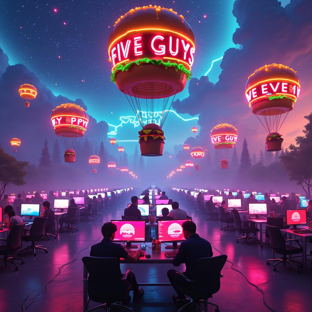 A fantastical dreamscape unfolds under a shimmering, starlit sky emblazoned with the glowing letters 'GPWR'. In the foreground, a massive, iridescent neon sign of the Fortnite logo casts a luminous glow, pulsing with energy. This is the heart of the party, a gaming utopia where countless PCs, each with vibrant RGB lighting, line the area in pristine rows, awaiting eager players. Above, Five Guys burgers float like hot air balloons, with surreal patty-laden baskets gently descending via whimsical neon parachutes to the hands of party-goers below. The vividly colored condiments - neon green pickles, electric yellow cheese, and shining crimson ketchup - spiral like galaxies on these surreal burgers. Each PC setup has a nearby mini neon sign, styled in the theme of popular games, flickering softly. The scene is a symphony of light, color, and surrealist joy, perfectly tailored for a gamer's birthday extravaganza in a world where the virtual becomes reality.
Generated with these themes: Fortnite, Gaming, Five guys burgers, PCs, Neon signs, and GPWR in the sky .
Made with ❤️ by AI.