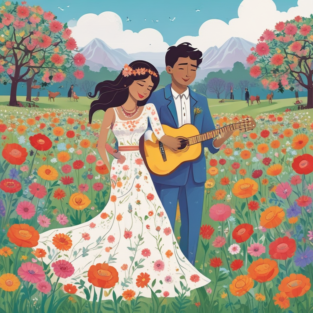 Illustration Cute, Imagine an energetic illustration depicting a tranquil field filled with vibrant flowers. In this setting, the atmosphere of a music festival harmonizes with a wedding celebration. You see a groom of South Asian descent, stylish in his clothing, holding a guitar confidently - his readiness to perform a tune is in the air. By his side is his bride - a Caucasian woman. Radiant with happiness, her blonde hair is gracefully adorned with a garland made from the same flowers scattered around them. Guests of different descents and both genders are mingling about, holding margaritas, absorbing the festive spirits that merge a passion for music, nature, and the couple's sentimental pledges of commitment.
Generated with these themes: Music festival, Margarita , Flower field, Trendy groom with guitar, and Blonde bride with flowers in her hair .
Made with ❤️ by AI.