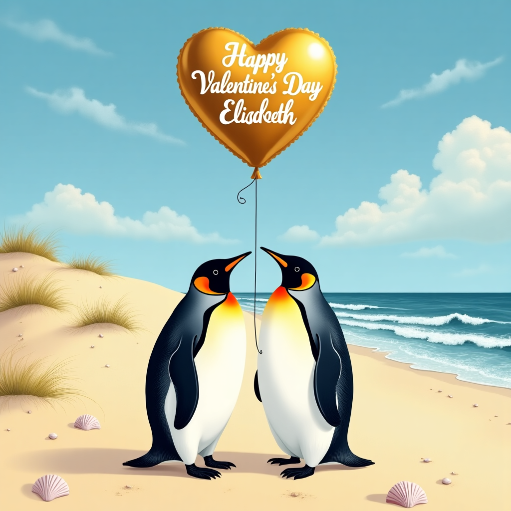 Picture a sandy beach under a clear blue sky, where the gentle waves of the ocean softly lap at the shoreline. Two King Penguins waddle side by side on the sun-kissed sand. Their sleek, tuxedo-like feathers are richly detailed: the contrast between their jet-black backs and snow-white fronts is sharply defined, with their distinctive orange and yellow markings vivid against their necks.

In the air above them, a shiny gold helium balloon floats, catching the sunlight and shimmering with a metallic sheen. The balloon is heart-shaped, with "Happy Valentine's Day Elizabeth" scripted across it in elegant, curling white letters. The script is ornate, reminiscent of an Art Nouveau style, possibly influenced by Aubrey Beardsley, with delicate flourishes at the ends of the letters.

The background features rolling sand dunes, peppered with patches of dune grass swaying in the sea breeze, each blade meticulously illustrated. A few scattered seashells of various shapes and colors - pearlescent whites, soft pinks, and sandy beiges - are drawn in careful detail along the beach, adding texture to the scene.

Overhead, a sky painted in the style of Maxfield Parrish displays a soft gradient, transitioning from a pale cerulean near the horizon to a deeper azure as it rises. Wispy clouds, reminiscent of Edward Gorey's intricate line work, provide a delicate lace-like texture against the sky.

The penguins' footprints create a gentle path in the sand behind them, each indentation marked with careful attention to the grainy texture of the sand. A gentle shadow falls across the sand, grounding the penguins and balloon, giving the scene a slight depth, akin to the works of Norman Rockwell, where realism meets whimsy.

Inspiration from Beatrix Potter and Quentin Blake may be seen in the penguins' expressive postures, as they slightly lean towards each other, their flippers almost touching, suggesting a playful interaction without explicitly conveying emotion. This detailed and whimsical scene blends the intricate detail of classic illustration with a touch of humor and warmth.
Generated with these themes: Male and female King Penguins walking on a sandy beach, and They are flying a gold helium balloon with Happy Valentine's Day Elizabeth printed on it .
Made with ❤️ by AI.