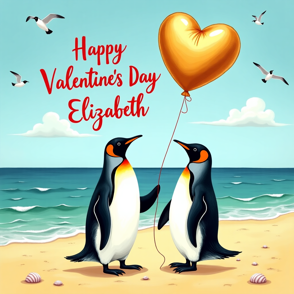 Front and center, the cover features a delightful hand-drawn illustration of two regal King Penguins strolling along a sun-kissed sandy beach. These penguins are rendered in an expressive style, inspired by a blend of the intricate detailing reminiscent of Aubrey Beardsley and the whimsical charm of Quentin Blake.

The male penguin stands slightly taller, his glossy black and white plumage is accented with a striking orange patch near the beak, characteristic of the King Penguin's natural markings. His black flippers are positioned with a gentle curve as if guiding his partner along their leisurely walk. The female penguin, by his side, mirrors his dignified stance, her own orange markings glinting in the warm sunlight. She holds one of the strings of the balloon with a flipper.

Above them, a shimmering gold helium balloon floats cheerily in the sky. The balloon is shaped like a classic heart, its surface gleaming with a metallic sheen that catches the light. The words "Happy Valentine's Day Elizabeth" are artfully scripted across the balloon in elegant, swirling red lettering, reminiscent of Beatrix Potter’s delicate line work. The font is playful yet refined, ensuring the message is both clear and festive.

The beach itself is a scene straight out of Maxfield Parrish's palette, with soft, golden sands stretching towards the edge of a gentle, lapping ocean. The sea is depicted with lush blues and greens, blending seamlessly with the horizon. In the background, a few whimsical, lightly detailed seagulls flutter gracefully, their silhouettes adding depth and interest to the sky. The azure sky is a smooth gradient from deep blue at the top, softening to a lighter hue near the horizon, dotted with a few fluffy, cotton-candy clouds.

Scattered along the sand are small, hand-drawn seashells and smooth pebbles, adding texture and a touch of realism to the scene, a nod to Maurice Sendak’s attention to detail. These elements ensure the beach feels vibrant and lived-in, a true paradise for our penguin couple.

In the distance, perhaps an abstract hint of a rocky outcrop or a distant, softly drawn cliffside suggests the tranquility and seclusion of this penguin couple’s romantic getaway, subtly invoking the illustrative precision of Gustave Doré.
Generated with these themes: Male and female King Penguins walking on a sandy beach, and They are flying a gold helium balloon with Happy Valentine's Day Elizabeth printed on it .
Made with ❤️ by AI.
