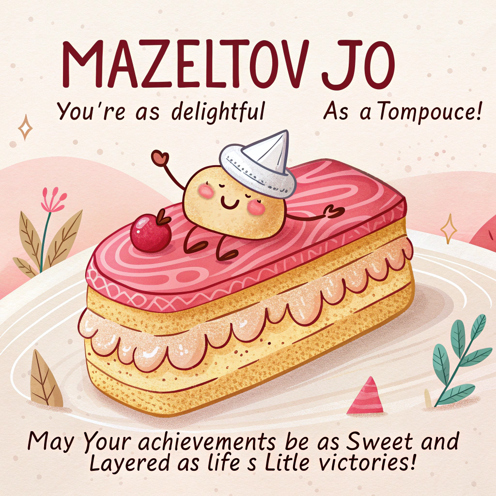 At the top of the image, "Mazeltov Jo – You're as delightful as a Tompouce!"

- In the center, depict a whimsical scene featuring a cheerful Tompouce with a mischievous smile, dressed in a tiny celebratory hat. The pastry is layered with smooth pink icing and rich custard, adding a touch of sweetness to the scene.

- Add at the bottom of the image, "May your achievements be as sweet and layered as life’s little victories!"
Generated with these themes: Tompouce , and .
Made with ❤️ by AI.