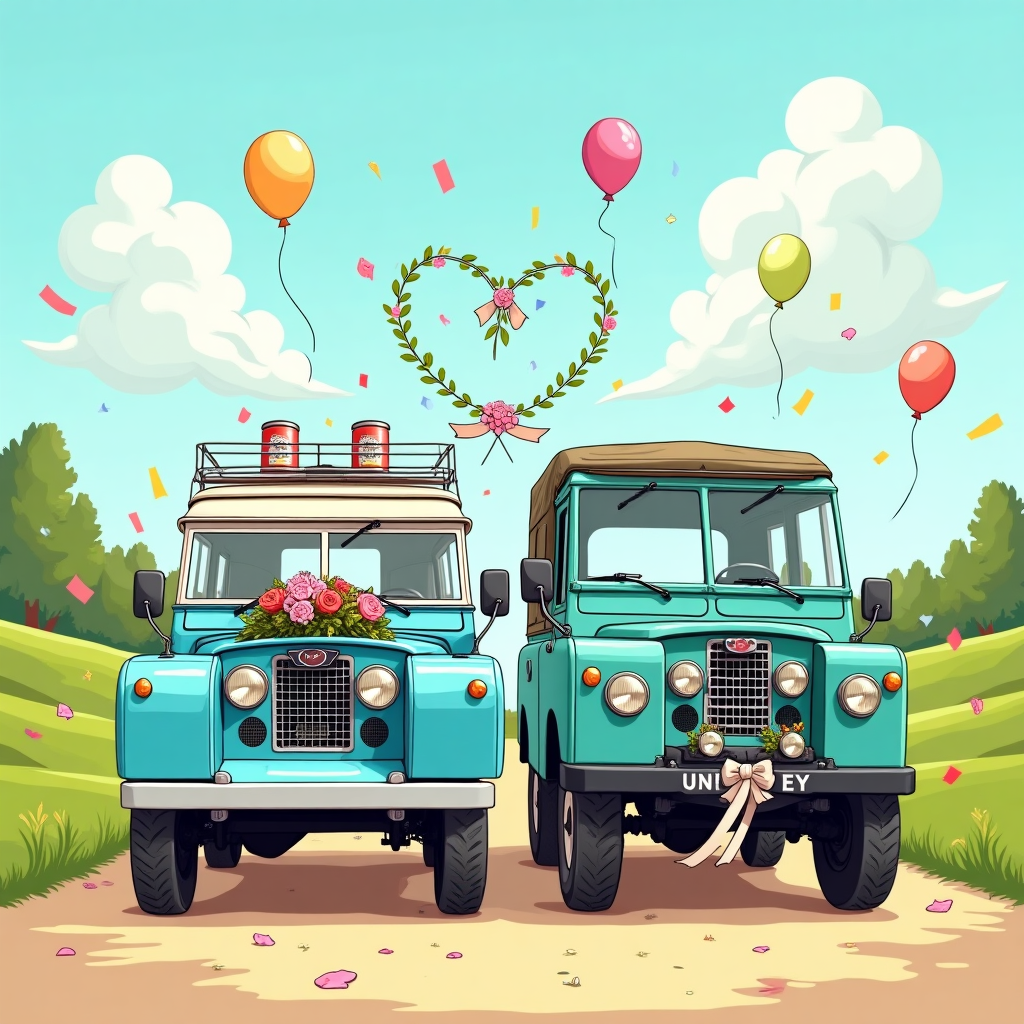 Playful, funny cartoon wedding scene featuring two anthropomorphized 4x4s: a vintage blue Land Rover Series 107 (long wheelbase) and a turquoise Unimog. Exaggerated proportions, thick black outlines, bright saturated colors, and whimsical energy. 3/4 front view as they lean toward each other like newlyweds; their side mirrors are tied together with a white ribbon forming a heart between them. The Land Rover is pastel sky-blue with a classic boxy body and split windscreen, big sparkling headlight “eyes,” a shy blush on the fenders, and a tiny veil draped over the roof rack with a bouquet strapped on top. The Unimog is tall and cheeky in vivid turquoise, round headlight “eyes,” portal axles emphasized, a playful bow tie on the grille, and a floral garland around the bumper. Tin cans dangle from their rear bumpers, confetti swirls in the air, heart-shaped exhaust puffs puff behind, and colorful balloons and bunting arc overhead. Sunny park backdrop with rolling green hills, puffy clouds, no people. Cel-shaded color, lively motion lines, glossy highlights, clean portrait composition with generous sky. Include a single small hand-lettered caption at the bottom that reads: Four-ever Hitched! No other text or signatures.
Generated with these themes: .
Made with ❤️ by AI.