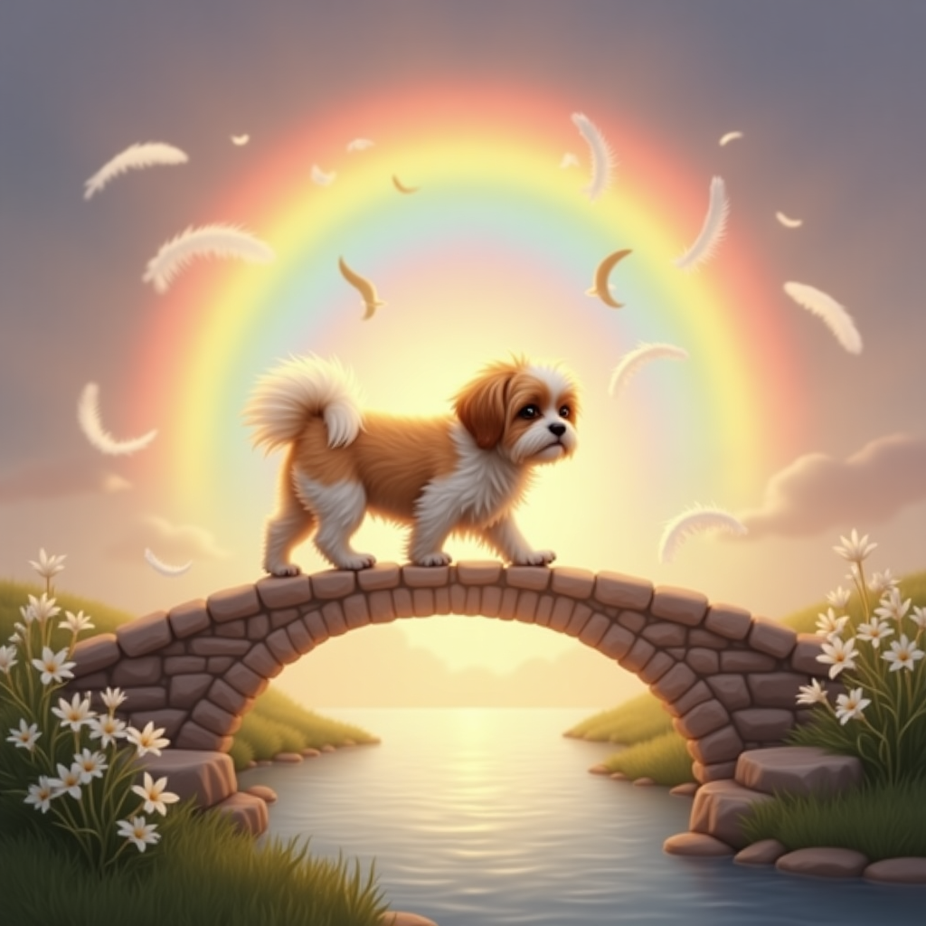 **Prompt:**  
At the top of the realistic photograph image, *“Peggy, it’s paw-sitively raining love at the Rainbow Bridge.”*  

A solemn, softly lit, realistic photograph-style image depicting a gold and white Shih Tzu gently walking across a glowing, misty rainbow bridge. The small dog’s fur is illuminated with a warm, heavenly light, and it looks peaceful and calm, its tiny paws just brushing the shimmer of the arching rainbow beneath it. The background features a softly blurred twilight sky, tinged with warm hues of lavender, soft peach, and gold, symbolizing serenity and transcendence. Around the base of the rainbow, delicate white feathers gently float in the air, while the faint outlines of distant, welcoming pets wait on the other side. The foreground includes a small patch of lush green grass and blooming white lilies—traditional flowers of sympathy—underscoring the gentle passing and eternal bond between pet and owner.
Generated with these themes: Gold and white shi tzu crossing the rainbow bridge .
Made with ❤️ by AI.