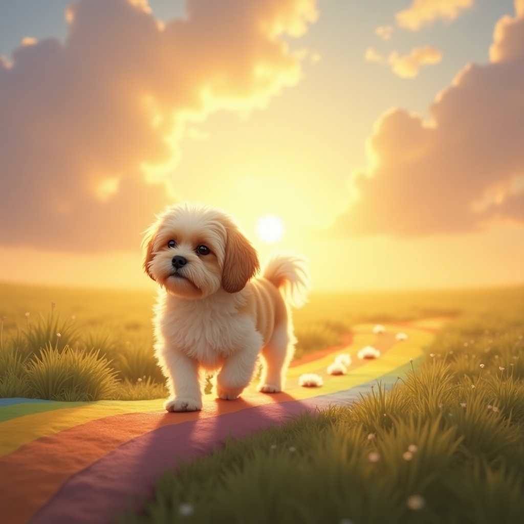 **Image Prompt:**  
At the top of the realistic photograph image, *“Peggy, every dog has its day—even over the rainbow.”*  

A realistic photograph-style image of a gentle, gold and white Shih Tzu peacefully walking across a soft, glowing rainbow bridge that stretches into a hazy golden sunset. The Shih Tzu's fur is slightly tousled in a warm breeze, and the sky behind the bridge is dappled with clouds edged in soft pastels—hints of lavender, pink, and amber. In the distance, a tranquil, lush meadow welcomes the little pup, bathed in golden light. A sense of calm and stillness pervades the scene, with small glowing pawprints gently fading behind the Shih Tzu on the bridge. The overall mood is serene and tender, evoking loving memory and heartfelt goodbye.
Generated with these themes: Gold and white shi tzu crossing the rainbow bridge .
Made with ❤️ by AI.