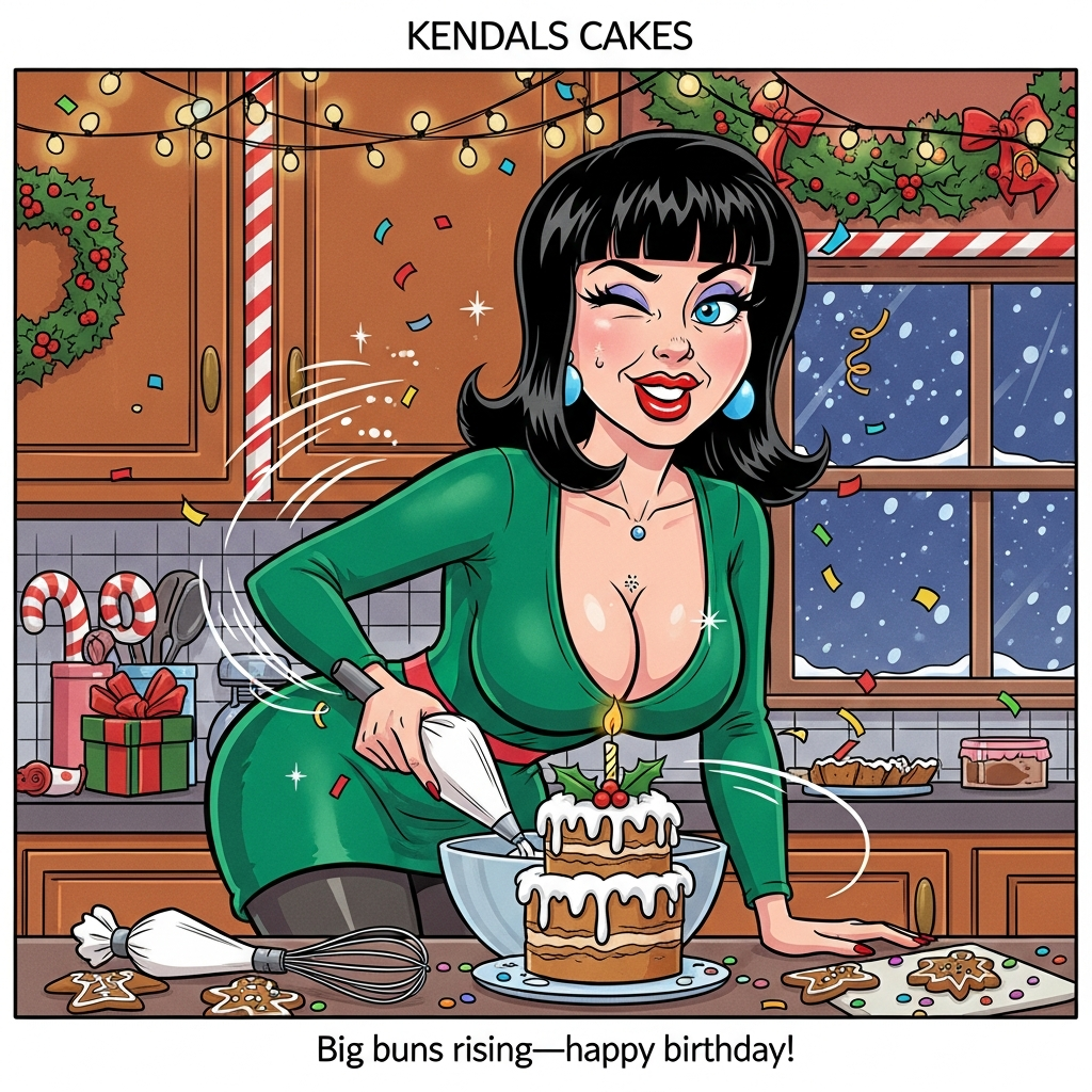 Beautiful English girl with blue eyes red lips black hair big pierced boobs wearing a sexy green dress and tights baking a cake for christmas, and Birthday Card