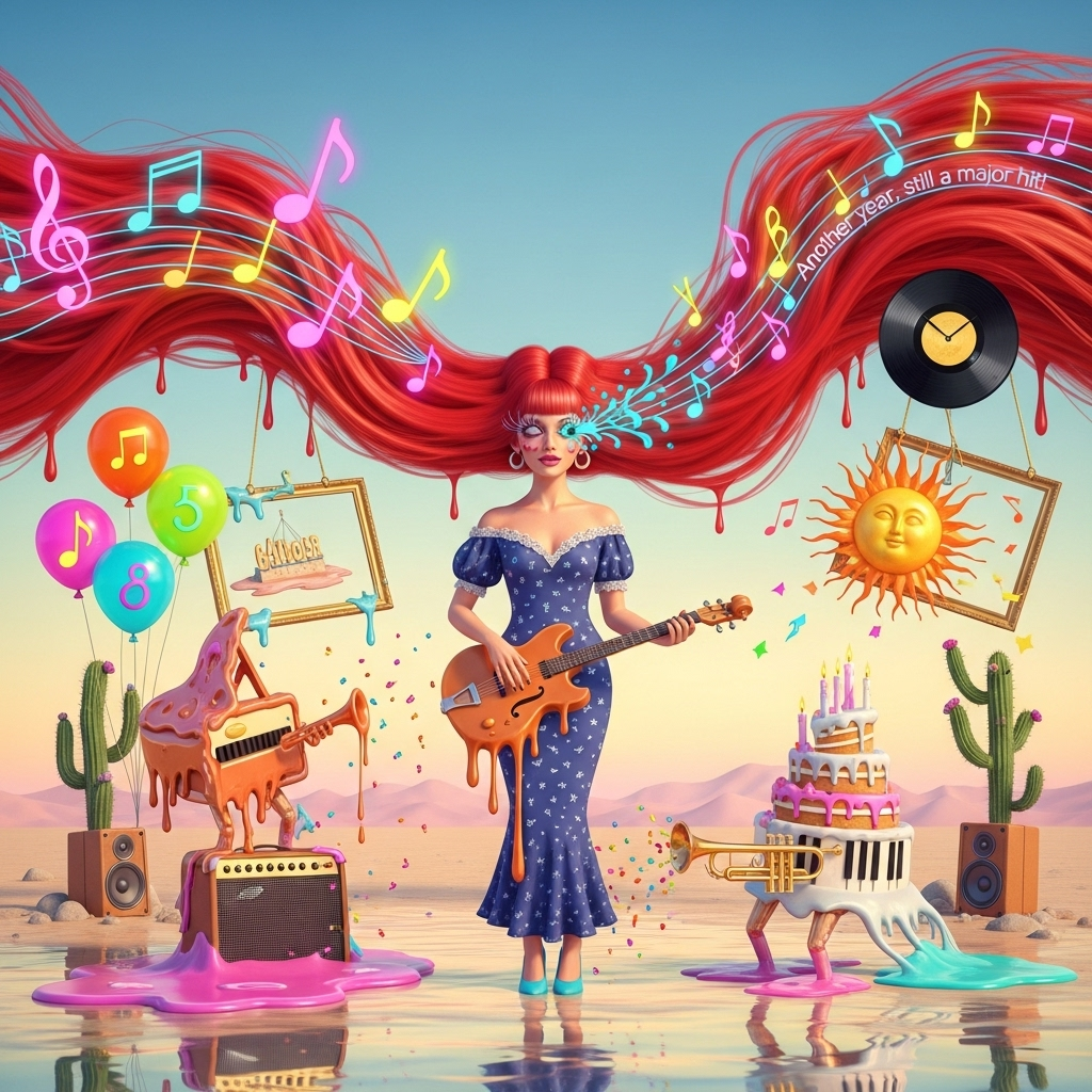 Lady with long bright red hair and lovely eye lashes, Music, art, colourful, funky, and Birthday Card