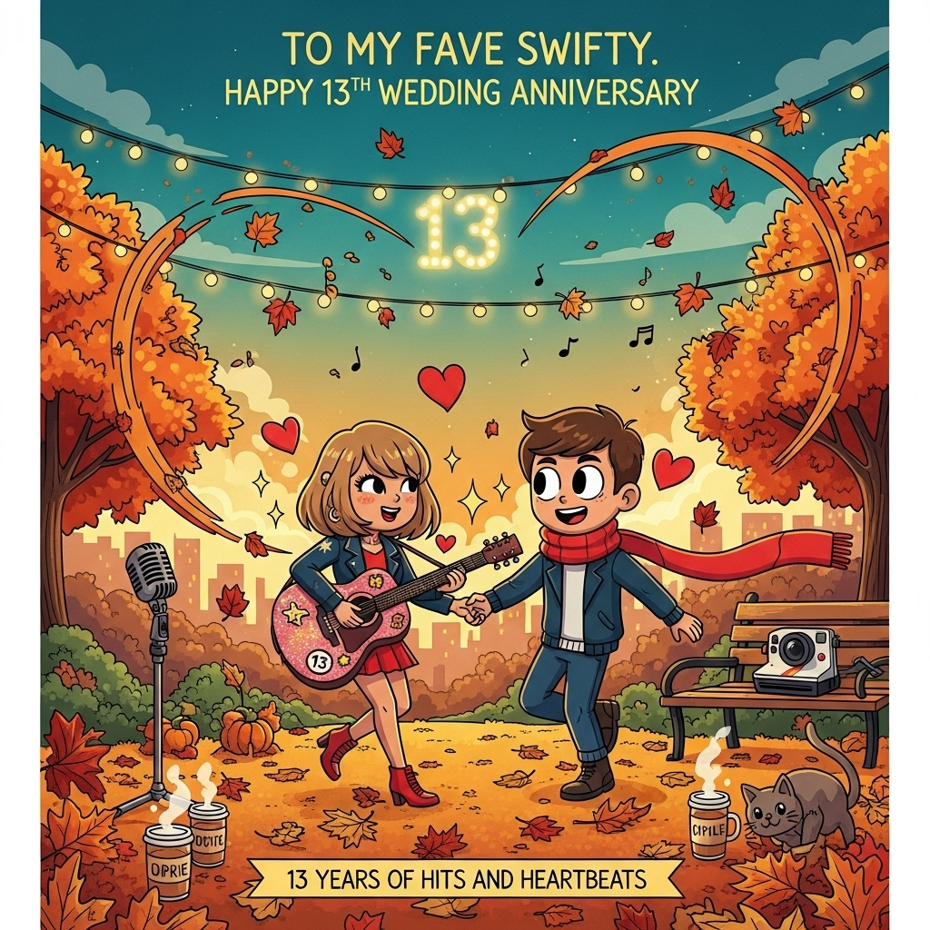 At the top of the Cartoon Style image, To My Fave Swifty. Happy 13th Wedding Anniversary

A large, image-first romantic cartoon scene in vibrant, saturated colors: golden-hour autumn park bursting with swirling crimson, pumpkin, and honey-gold leaves. Center stage, two playful cartoon characters with exaggerated proportions and thick black outlines twirl hand-in-hand under fairy lights. One is a Taylor Swift–inspired pop-star character (blonde fringe, classic red lipstick, sparkly jacket) strumming a glittery acoustic guitar with a tiny “13” sticker; the other partner shares a long cozy red scarf as they dance, both with big expressive eyes and whimsical, energetic poses. The leaves whirl into subtle heart shapes, star-sparkles glint around them, and a softly glowing “13” appears in the string lights overhead. Nearby: a vintage mic on a stand, a park bench with a Polaroid camera, takeaway apple-cider cups steaming, a cat-shaped leaf pile as a playful Easter egg, and tiny music-note confetti drifting through the air. Background: warm, dreamy bokeh through maple trees, distant city skyline hints, deep teal sky gradient for contrast. Composition: portrait orientation, full-bleed; the sky area leaves room for the top text; dynamic movement arcs from the swirling leaves. Style: bold, clean cartoon with thick outlines, bouncy proportions, flat shading, bright saturated palette, soft glow rim-lighting for warmth. Add a small ribbon at the bottom with one short playful line: “13 years of hits and heartbeats.”
Generated with these themes: Taylor Swift, Autumn, and .
Made with ❤️ by AI.