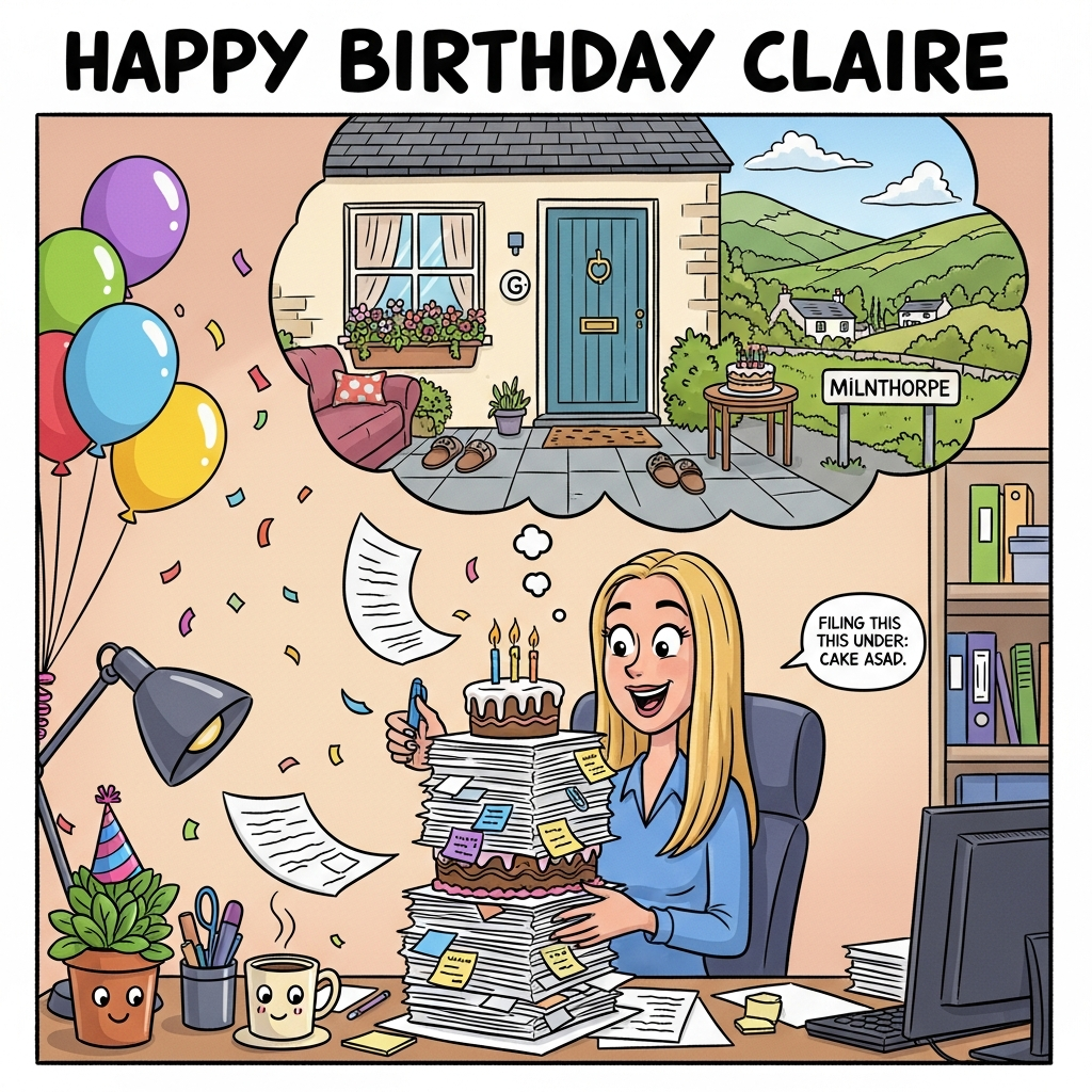 At the top of the Cartoon Style image, HAPPY BIRTHDAY CLAIRE

Playful, bright cartoon scene with thick black outlines and saturated colors. Center stage: Claire, a blonde long‑haired woman with expressive eyes and an energetic pose, sits at a chaotic office desk, cheerfully sorting a mountain of paperwork that’s stacked like a three‑tier birthday cake (paperclips as “candles,” sticky notes as “sprinkles”). A few pages fly comically through the air.

Above her head, a large dreamy thought bubble shows her cozy ground‑floor flat in Milnthorpe: a street‑level front door with a little “G” plaque, window boxes overflowing with flowers, slippers by the mat, a kettle steaming inside, and a small village sign that reads “Milnthorpe,” with rolling green hills in the background. A tiny birthday cake waits on a side table inside the flat.

Fun details: a desk plant wearing a party hat, a smiling coffee mug, colorful balloons and confetti drifting through the office. Bold, bouncy shapes, dynamic wide‑angle perspective, cheerful lighting.

Small, cheeky text inside the image on a sticky note at the bottom right: “Filing this under: Cake ASAP.”
Generated with these themes: .
Made with ❤️ by AI.