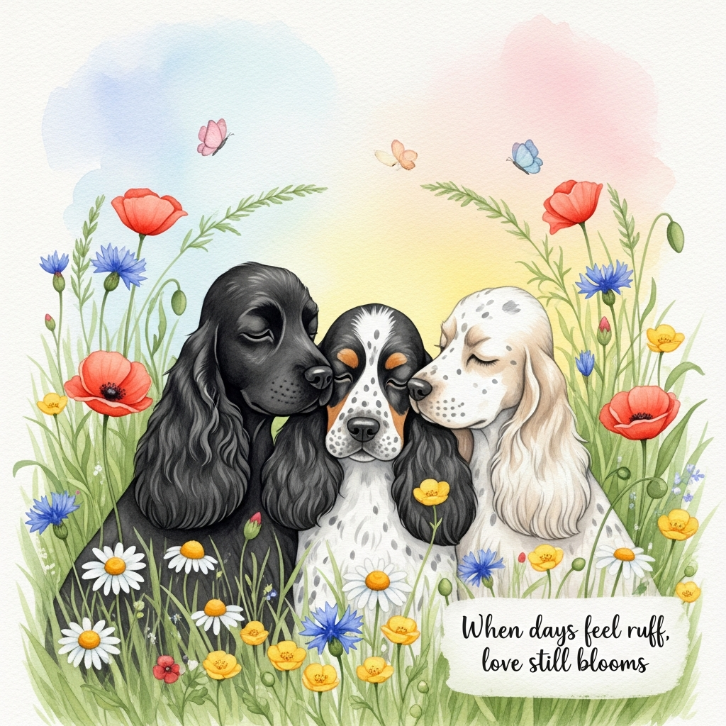 Wildflower meadow, bright colours , 3 female Cocker Spaniels - one all black, one speckled white on black, one speckled black on white, and Sympathy Card