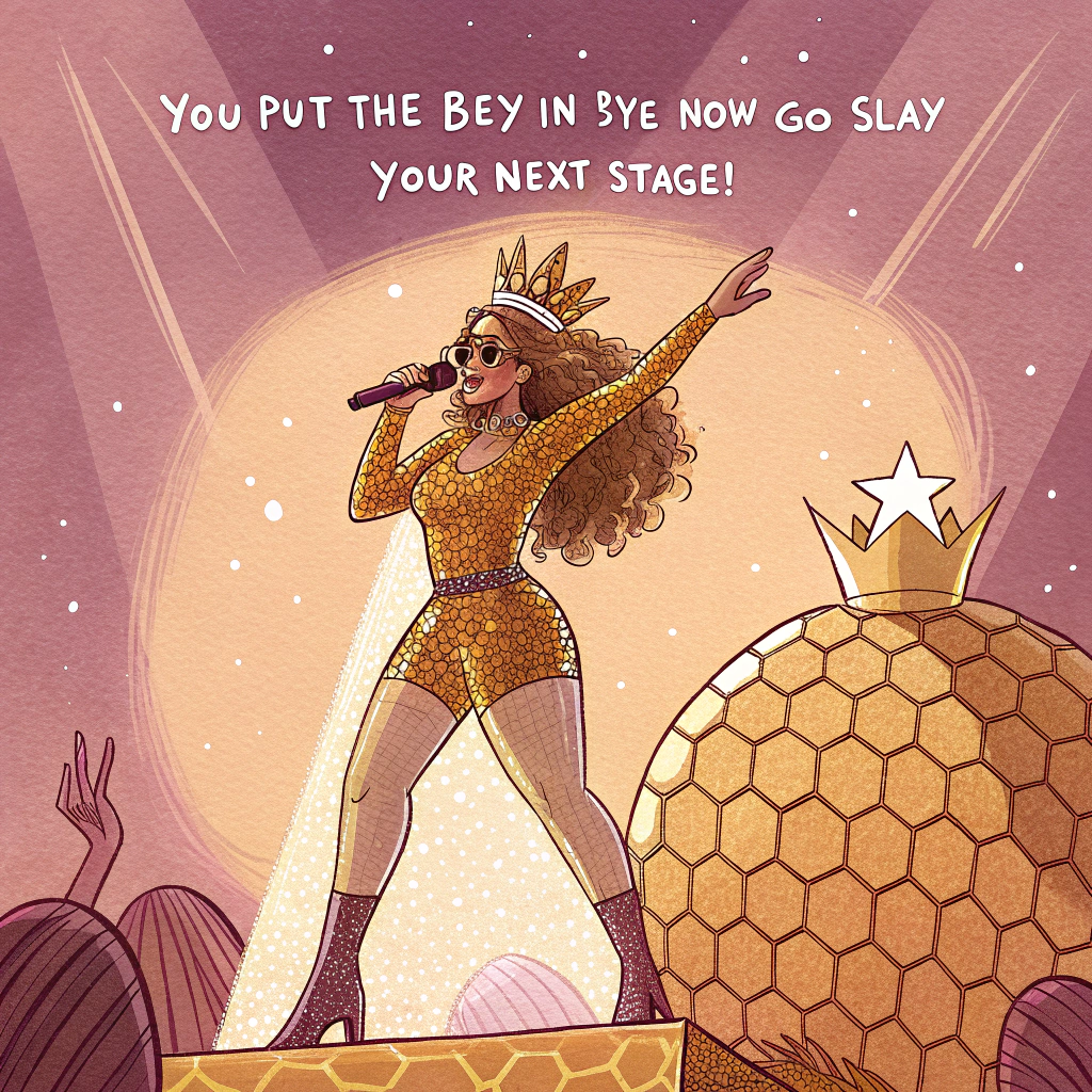 At the top of the image, “You put the Bey in bye—now go slay your next stage!”

- Hand-drawn illustration with fine linework and textured brush strokes; warm, expressive palette of honey golds, caramel, blush pink, and deep plum.
- Center stage: a glam “Queen Bee” character (Beyoncé-inspired energy, not a likeness) in a sparkly bodysuit, tiny crown, oversized shades, and a handheld mic, striking a power pose on a giant honeycomb platform.
- Overhead: a beehive-shaped disco ball casting golden, hexagonal light beams; confetti and glitter drifting in warm spotlights.
- Comedy details: tiny worker bees as hype crew—one rolling a little suitcase, another waving a foam finger—while a honey trail forms a runway offstage to suggest the farewell.
- Background: velvety plum curtains with subtle star-sparkles; soft paper grain visible; clean, balanced composition with generous negative space around the headline.
- Typography: bold, playful hand-lettered brush script in deep plum with a subtle honey-drip underline; no other text anywhere in the image.
Generated with these themes: Beyonce, and .
Made with ❤️ by AI.