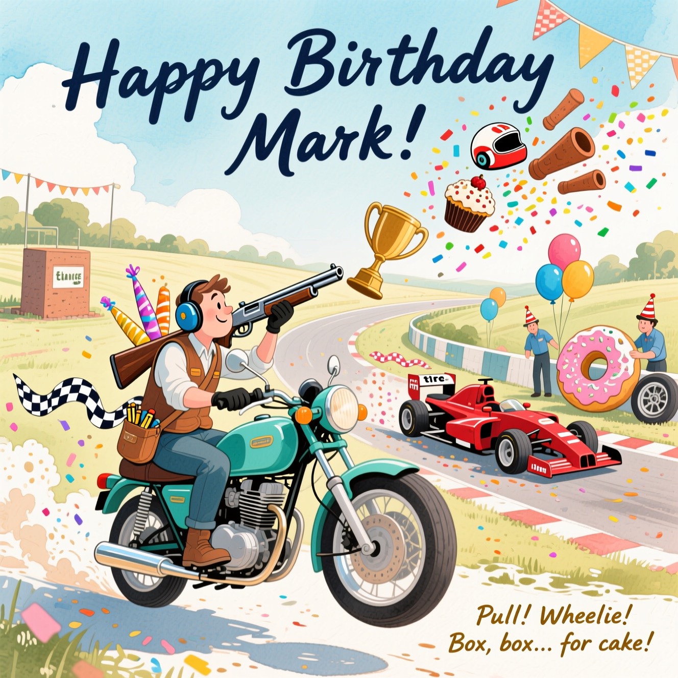 Clay shooting, motorbike, Formula 1, and Birthday Card