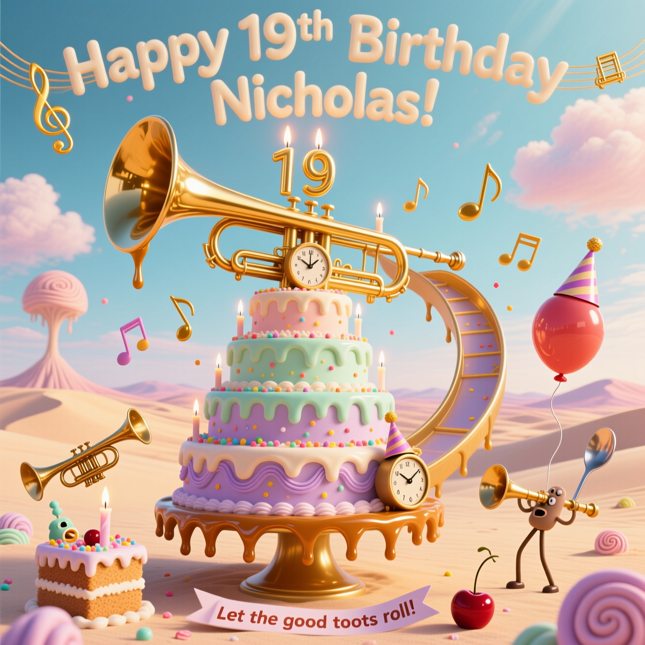 At the top of the Surreal Style image, Happy 19th Birthday Nicholas, lettered in glossy buttercream entwined with tiny golden trombone slides, softly glowing like candlelight.

A dreamlike, Dali-inspired landscape of pastel sugar-sand and melting fondant dunes under an ethereal cotton-candy sky. Center stage: a colossal golden trombone bends, droops, and spirals into a towering tiered birthday cake perched on the trombone’s bell as a pedestal. The slide stretches across the horizon like a gleaming ribbon, dripping caramel; frosting pulses through the brass tubing as if it’s music, puffing out in whimsical swirls. Each cake tier is iced in velvety pastels with floating sprinkles that drift upward and morph into musical notes. Candles shaped like miniature trombone slides flicker; a polished brass “19” candle glows on the top tier. A melting metronome wearing a tiny party hat slumps over the slide like a soft clock. Comedic details: mischievous cake-slice critters tooting pocket trombones, sound waves extruding as frosting spirals; a cherry balloon tugs at a valve; spoons sprout long, bendy legs like stilt-walkers. Golden-hour, otherworldly lighting with soft volumetric rays, shimmering brass reflections, and long surreal shadows. Palette of honey-gold, mint, lavender, and rose; ultra-detailed textures, glossy yet velvety, whimsical and funny. Leave generous airy sky for the headline. Small caption, subtle and playful, on a floating ribbon near the bottom: “Let the good toots roll!”. High-resolution, cinematic wide-angle, crisp focus, no borders, no watermark.
Generated with these themes: Trombone, birthday cake, and .
Made with ❤️ by AI.