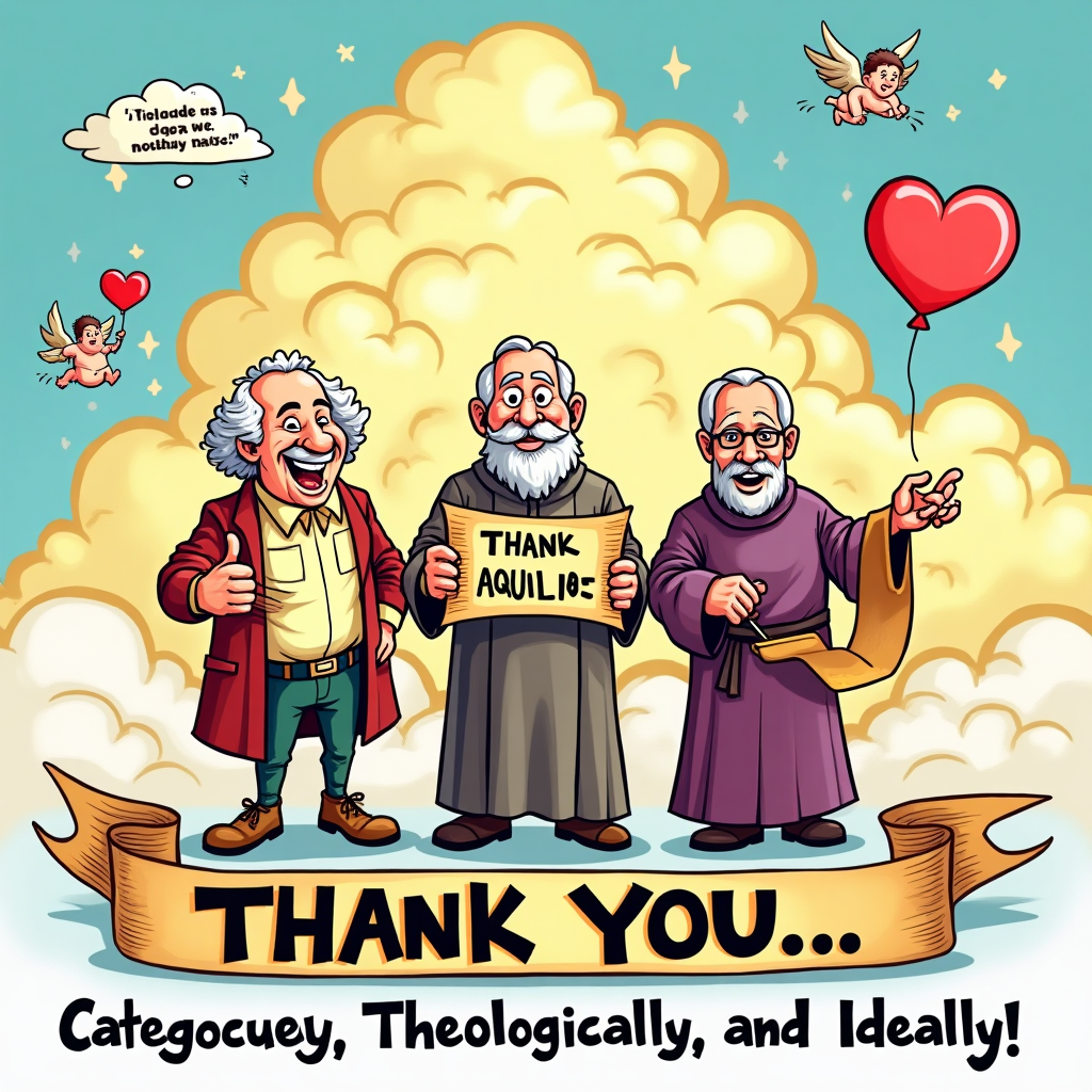 Here’s your quirky and funny image prompt for the thank-you card:  

---

**Image Prompt:**  
A vibrant cartoon scene with **Immanuel Kant, St. Thomas Aquinas, and Plato** as over-the-top, exaggerated caricatures in bright, saturated colors, thick outlines, and bouncy poses. They’re standing in a whimsical cloud-filled setting, like a heavenly philosophers’ club.  

- **Kant** is wearing a frilly powdered wig, holding a giant clipboard labeled “Categorical Thank-yous” and giving a big thumbs-up.  
- **St. Thomas Aquinas** is in monk robes, holding an enormous glowing “THANK YOU” scroll that’s so long it spills onto the floor.  
- **Plato** is holding a big, cartoonish “Form of Gratitude” — a floating, shiny, heart-shaped ideal hovering over his palm.  
- The three are smiling warmly at the viewer, with silly, twinkling eyes and exaggerated grins.  
- Floating in the background: little cherubs holding balloons, books with wings, and speech bubbles of random “philosophy gibberish” like “Ergo, much obliged!”  
- Color palette: joyful yellows, sky blues, bubblegum pinks, and bright purples.  
- In big, cheeky cartoon letters across the bottom:  
  **"Thanks… Categorically, Theologically, and Ideally!"**

---

Do you want me to also give you **three alternative punchline captions** for variety? That could make the card even snappier.
Generated with these themes: Immanuel Kant, St Thomas Aquinas, Plato, and .
Made with ❤️ by AI.