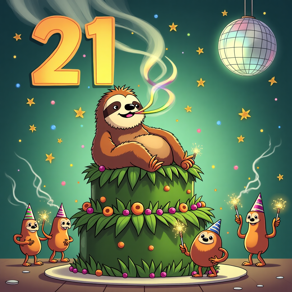 At the top of the illustration image: "Happy Baked-Day, 21st Cuz – You're Now Legally Lit!"

Prompt for the image:  
A hilariously laid-back cartoon stoner sloth lounging on a giant birthday cake made of cannabis leaves, exhaling rainbow-colored smoke that spells “21” in the air. Around the cake, several anthropomorphic bongs dressed in party hats dance with goofy grins, blowing tiny smoke rings and holding sparklers. Confetti made of hemp leaves flutters through the air, and in the background, a disco ball shaped like a nug reflects hazy green light. The whole vibe is hazy, giggly, and gloriously high.
Generated with these themes: Weed, Bongs, and Stoner .
Made with ❤️ by AI.